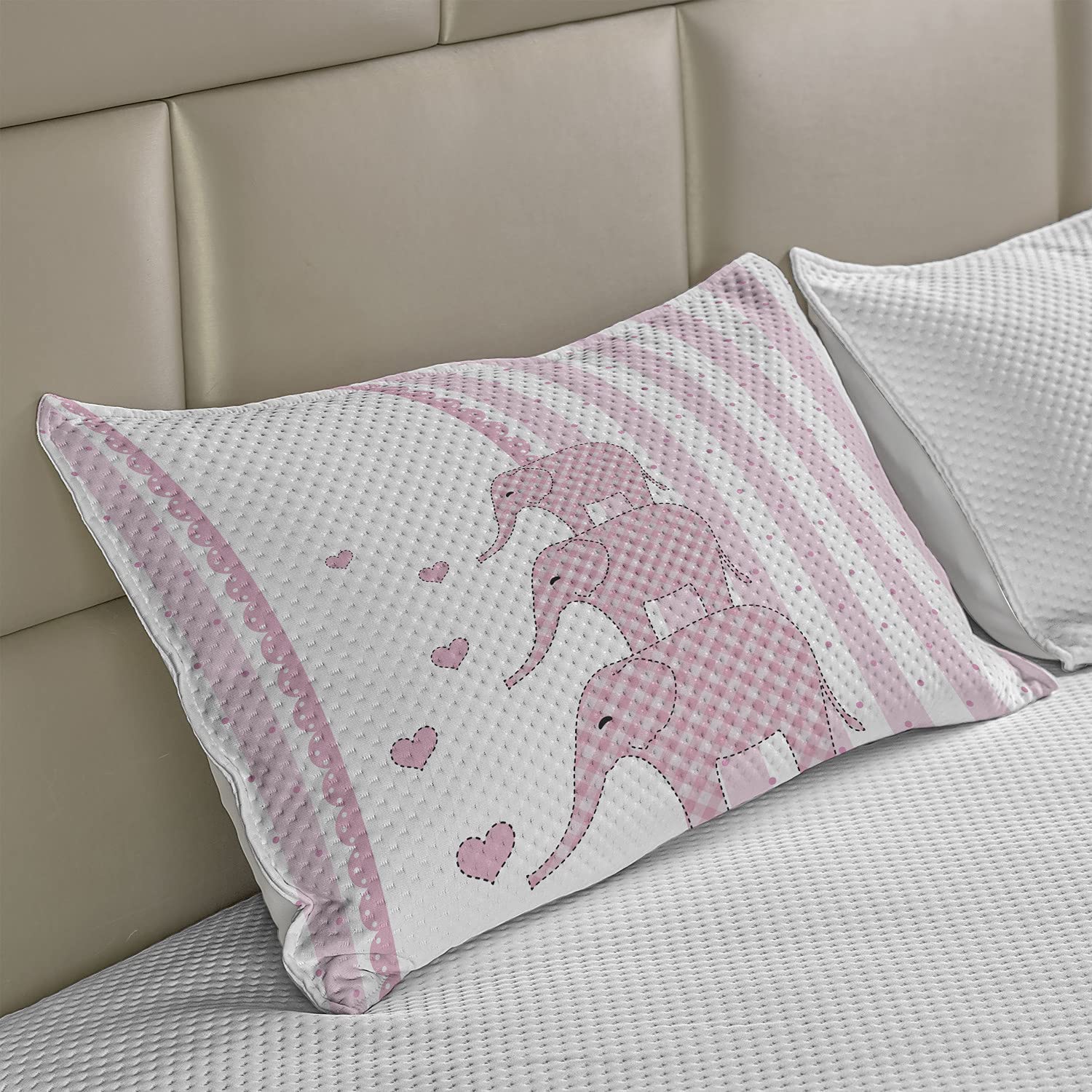 Ambesonne Animal Cartoon Knitted Quilt Pillow Cover - Vertical Striped Retro Design with Hearts, Standard King Size 36x20 Inches, Pale Pink & White - Perfect for Bedroom Decor, Nursery, or Cozy Living Room Accent