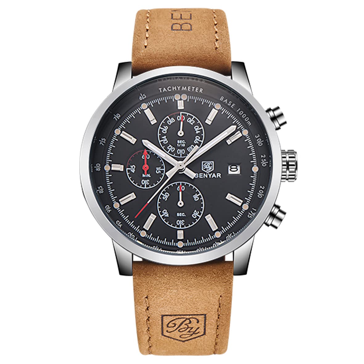 BENYAR Men's Quartz Chronograph Watch - Waterproof Analog Sports Watch with Leather Strap & Scratch-Resistant Glass for Casual, Business & Outdoor Activities