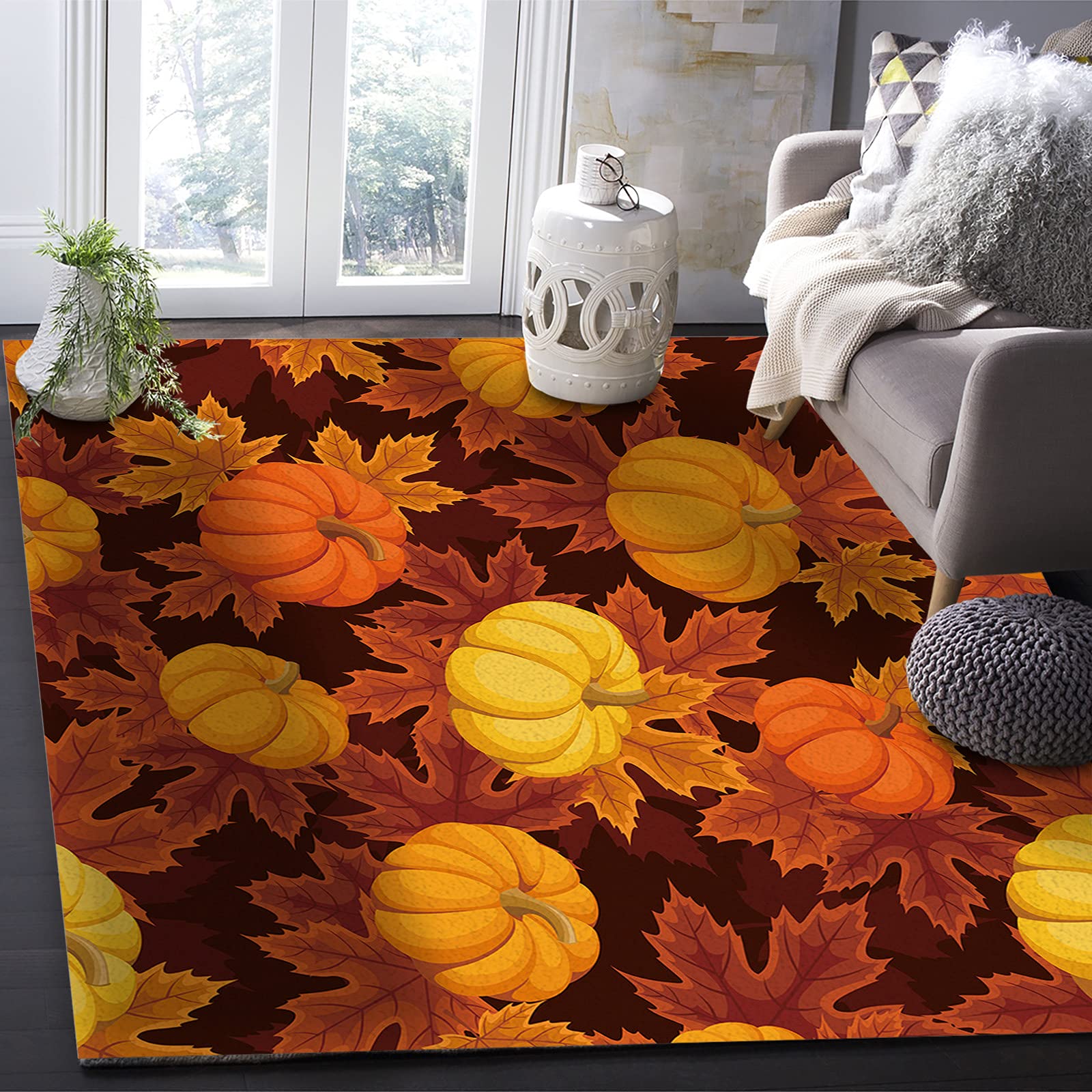 Thanksgiving Rectangular Area Rug 2'7'' x 5' - Large Indoor Outdoor Carpet for Living Room, Dining Room, Bedroom, Patio & Deck - Fall Decor with Pumpkin and Maple Leaf Design - Perfect for Holiday Gatherings & Seasonal Home Decor