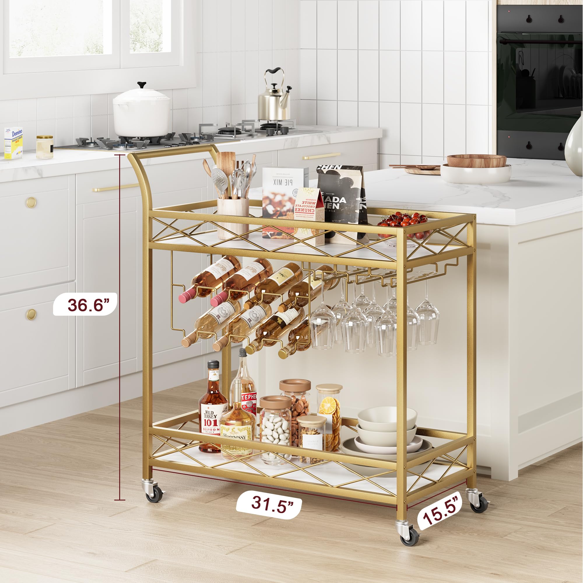 IDEALHOUSE 2-Tier Gold Bar Cart with Wheels - White Marble Finish Wood Shelf, Wine Rack & Glass Holder - Mobile Serving Cart for Kitchen, Living Room, Dining Room, Party & Home Entertainment