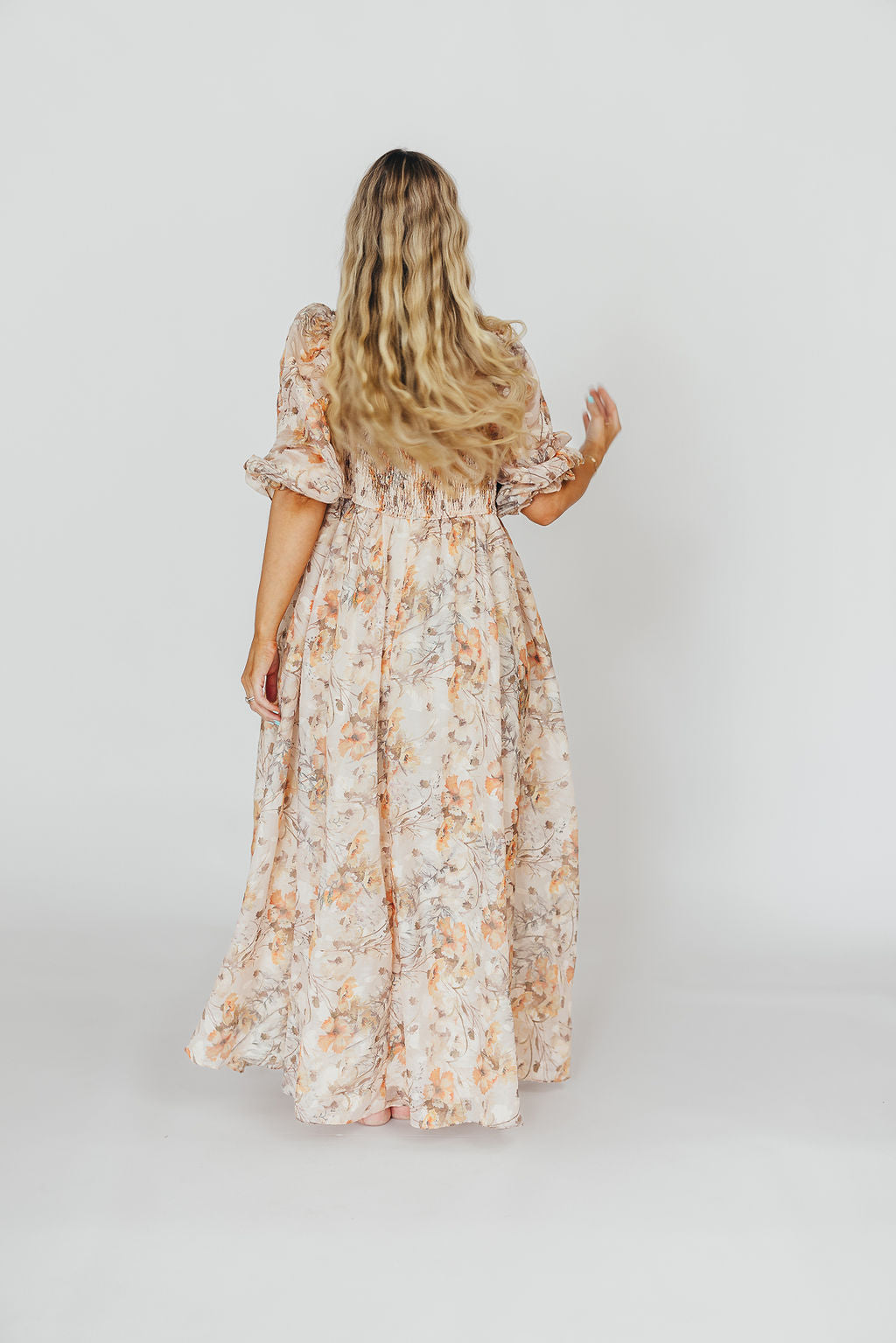 **Mona Maxi Dress with Smocking - Beige Multi Floral Maternity Dress for Women, Bump Friendly & Inclusive Sizing (S-3XL) - Perfect for Baby Showers, Beach Vacations & Summer Weddings**