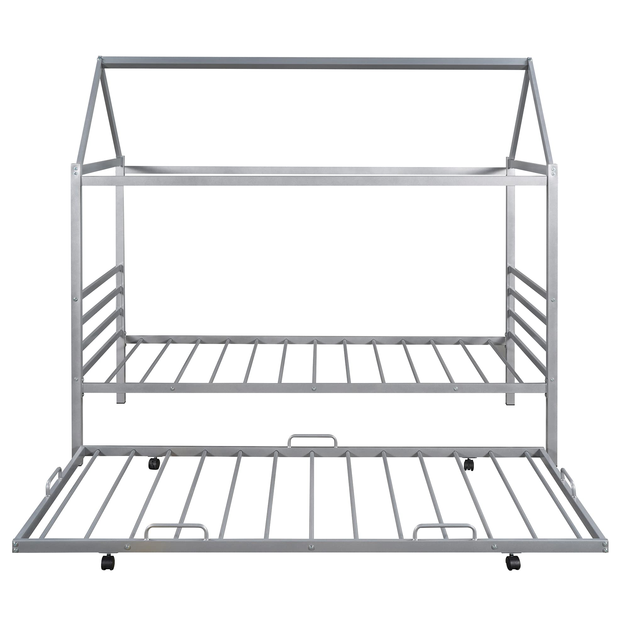 Twin Size Metal House Platform Bed with Trundle - Foldable Daybed Frame with Roof for Kids & Toddlers, Silver House-Shaped Bed with Play Tent Decorations - Perfect for Bedrooms, Playrooms & Sleepovers