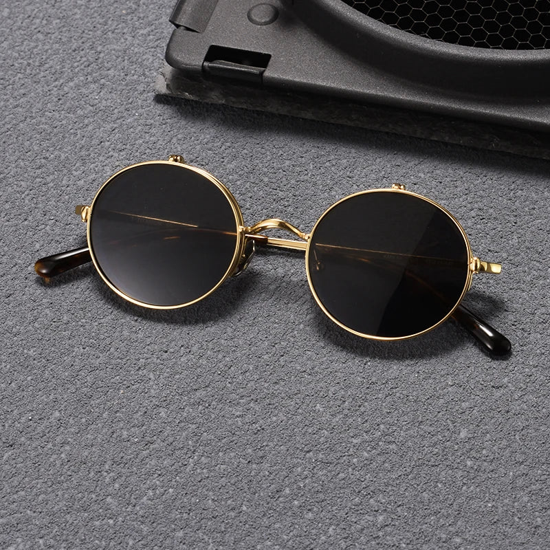 Unisex Black Titanium Semi-Rim Round Flip-Up Polarized Sunglasses K54 - Stylish & Durable for Driving, Outdoor Sports & Fashion