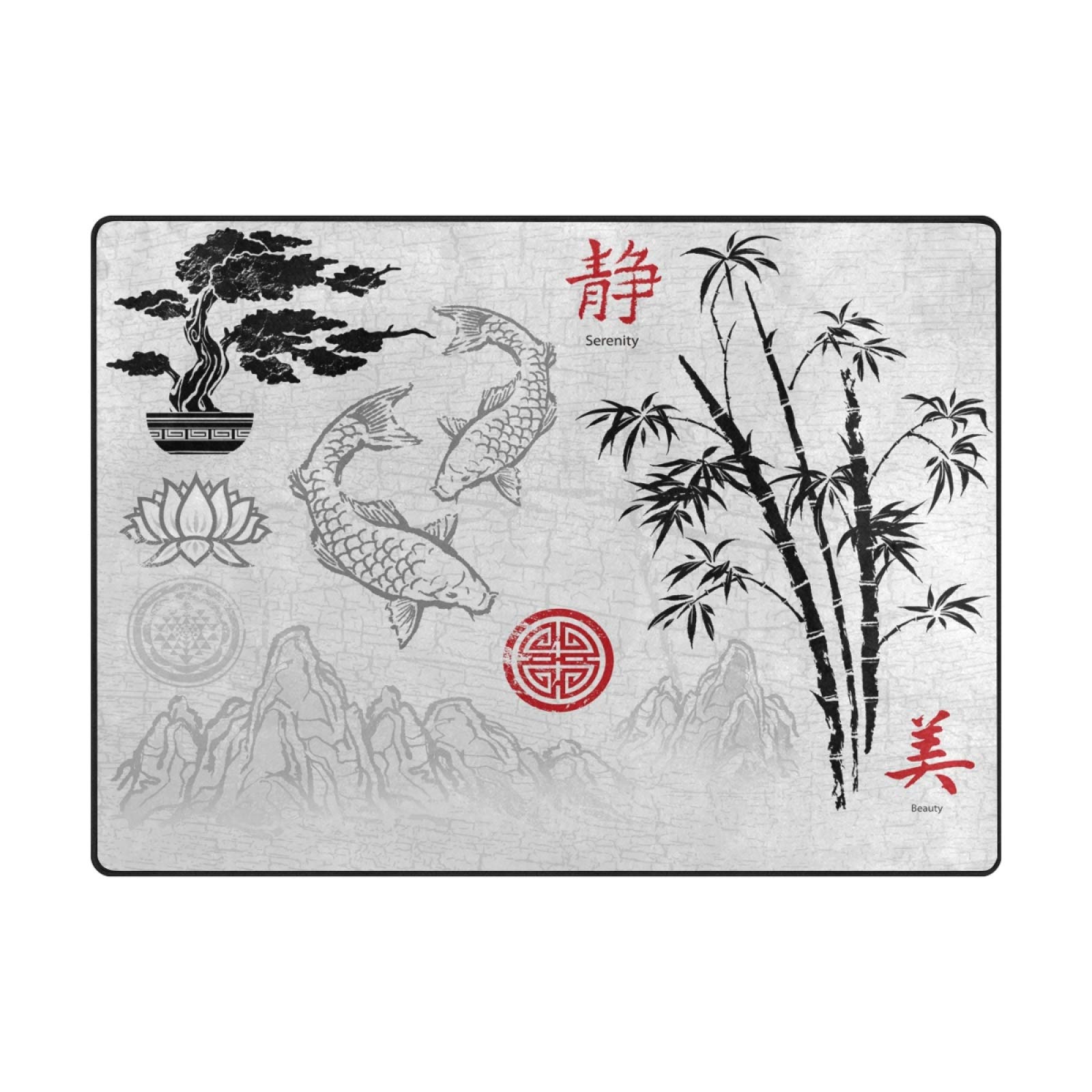 ALAZA Asian Style Koi Fish & Mountain Oil Painting Area Rug - 7'x5' Non-Slip Living Room & Bedroom Carpet - Perfect for Home Decor, Meditation Spaces & Zen Interior Design