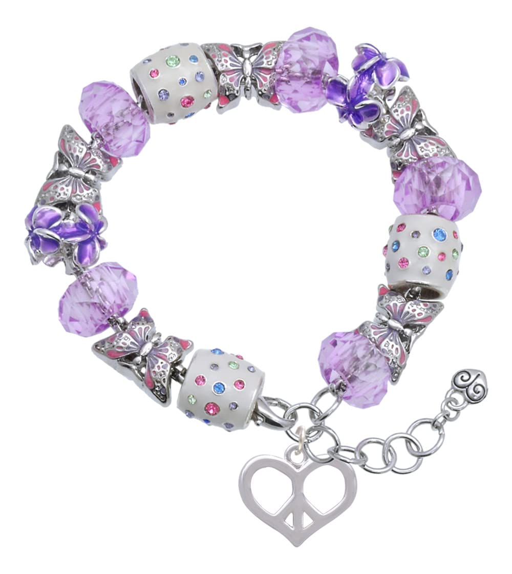 Delicate Silvertone Heart Peace Sign Purple Butterfly Bead Charm Bracelet for Women - Adjustable 7