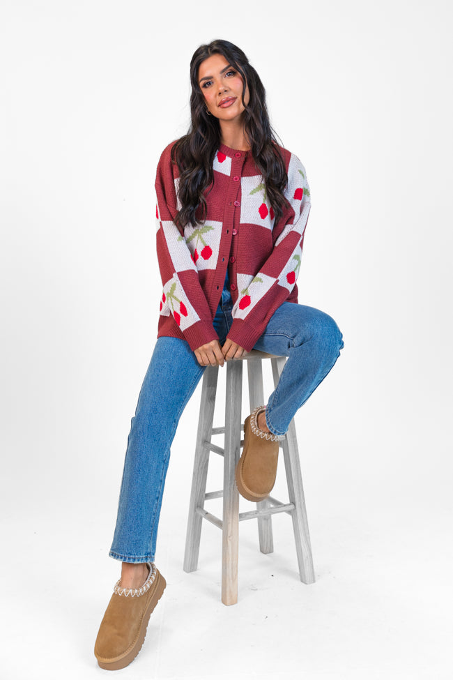 Cherry Much In Love Brick and White Multi Checkered Cardigan - Cozy Knit Sweater for Women | Perfect for Fall, Winter & Casual Outfits