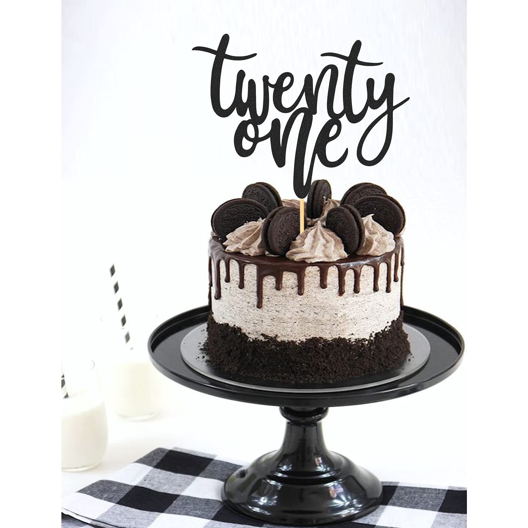 21st Birthday Cake Topper - Black Glitter 8.5 Inch Cake Decorations for Happy Birthday Parties, Wedding Anniversaries & Special Celebrations | Elegant Cake Decoration for 21st Birthday Cakes, Anniversary Cakes & Party Desserts