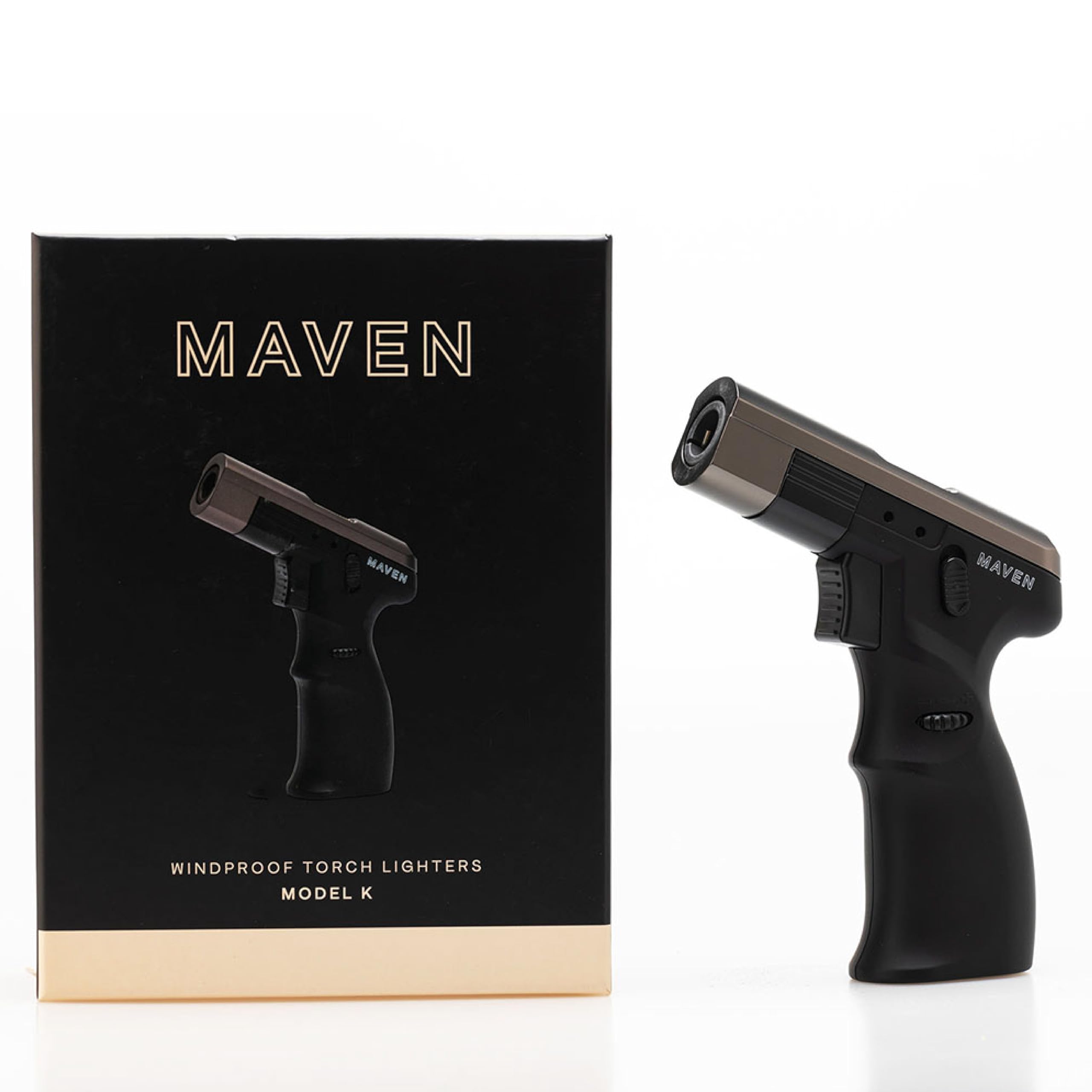 Maven Model K Refillable Butane Torch Lighter - Single Jet Windproof Adjustable Flame with Safety Lock for Cigars, Cooking, Soldering & Outdoor Use (Gunmetal, Butane Not Included)