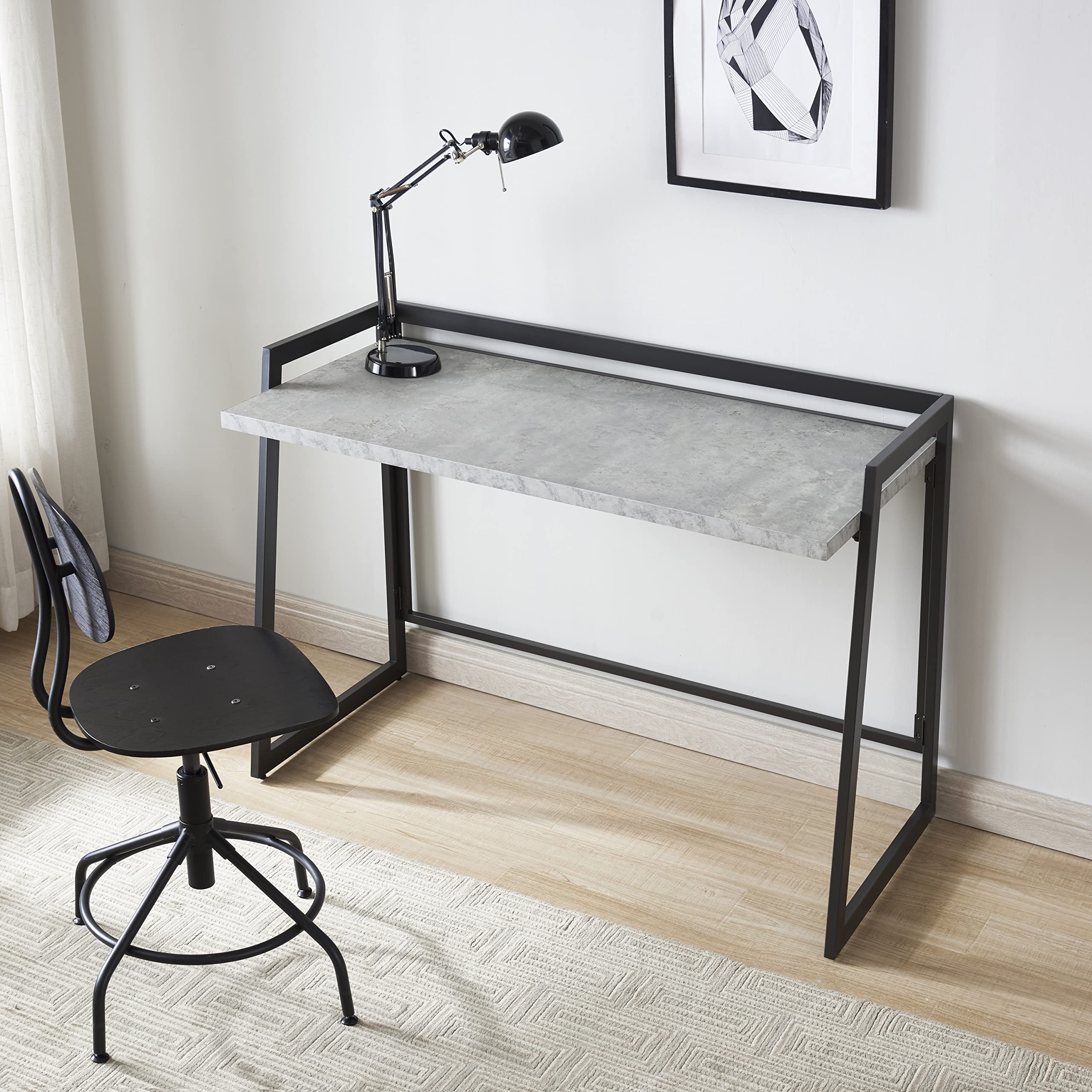 Leick Home 70004-CCGM Modern Mixed Metal and Wood Desk with Concrete Top & Gunmetal Frame - Perfect for Home Office, Study Room or Workspace