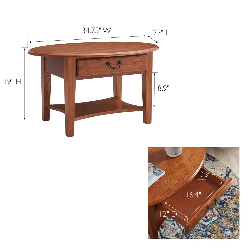 Haven Ridge Solid Wood Oval Coffee Table with Shelf - One Drawer, Medium Oak Brown by Leick Home - Perfect for Living Room, Lounge & Small Spaces - 9044-MED