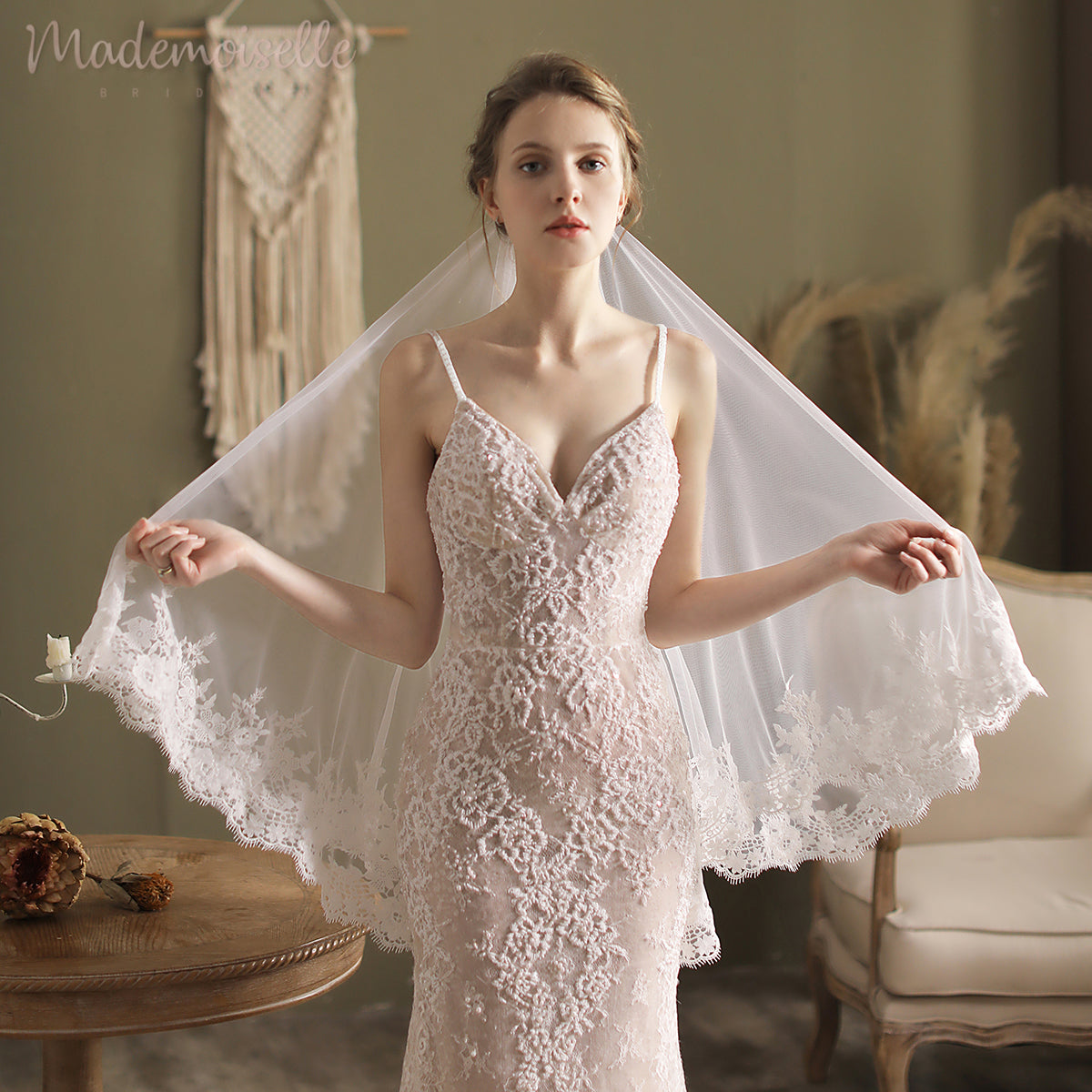Elaine Veil - Elegant Bridal Wedding Veil with Lace Trim for Bride, Church Ceremony & Photo Shoot Accessories