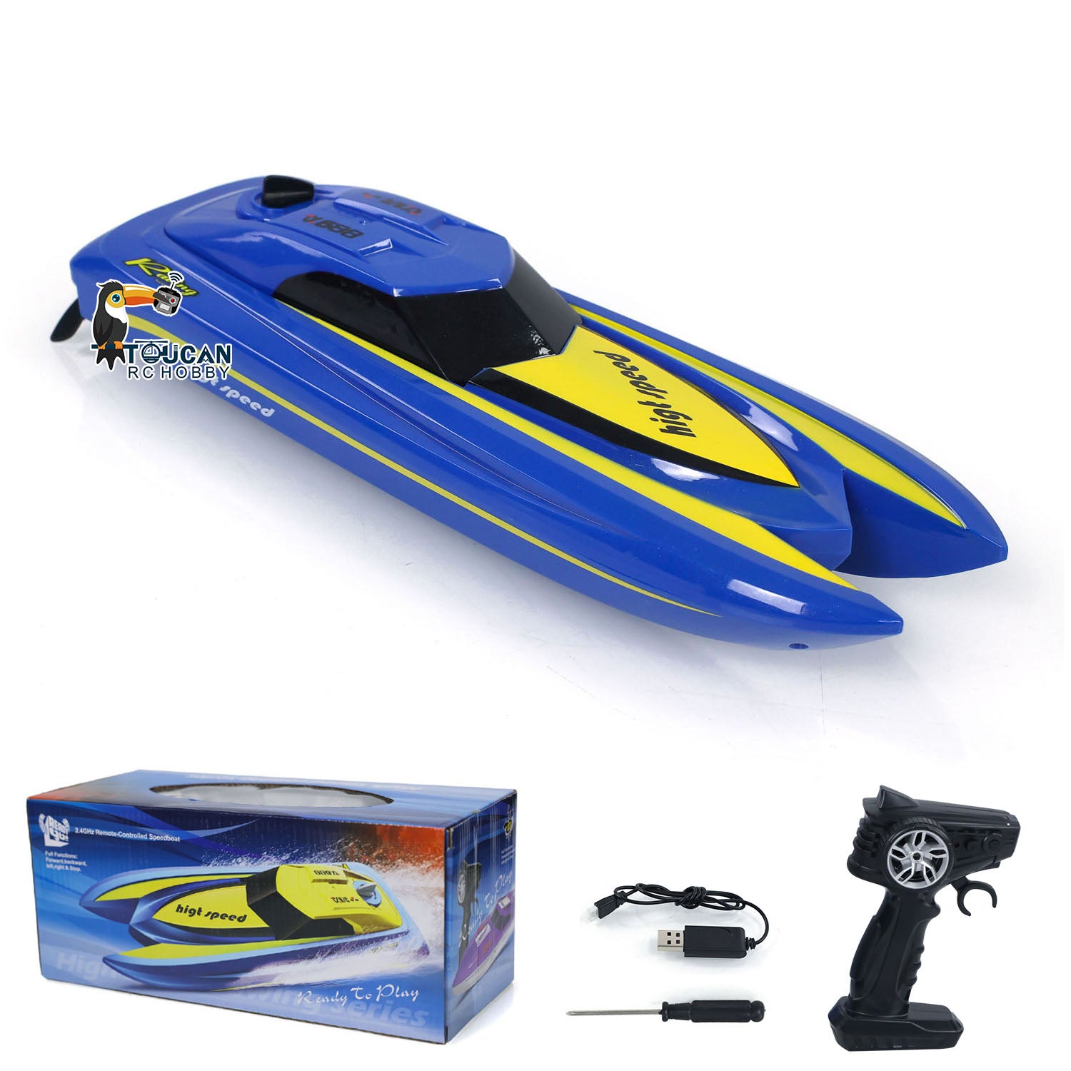 TOUCAN High Speed Electric RC Boat - Ready to Run (RTR) Radio Controlled Racing Ship for Kids & Adults - Durable Plastic Pool & Lake Toy for Outdoor Water Play - Painted & Assembled for Immediate Fun