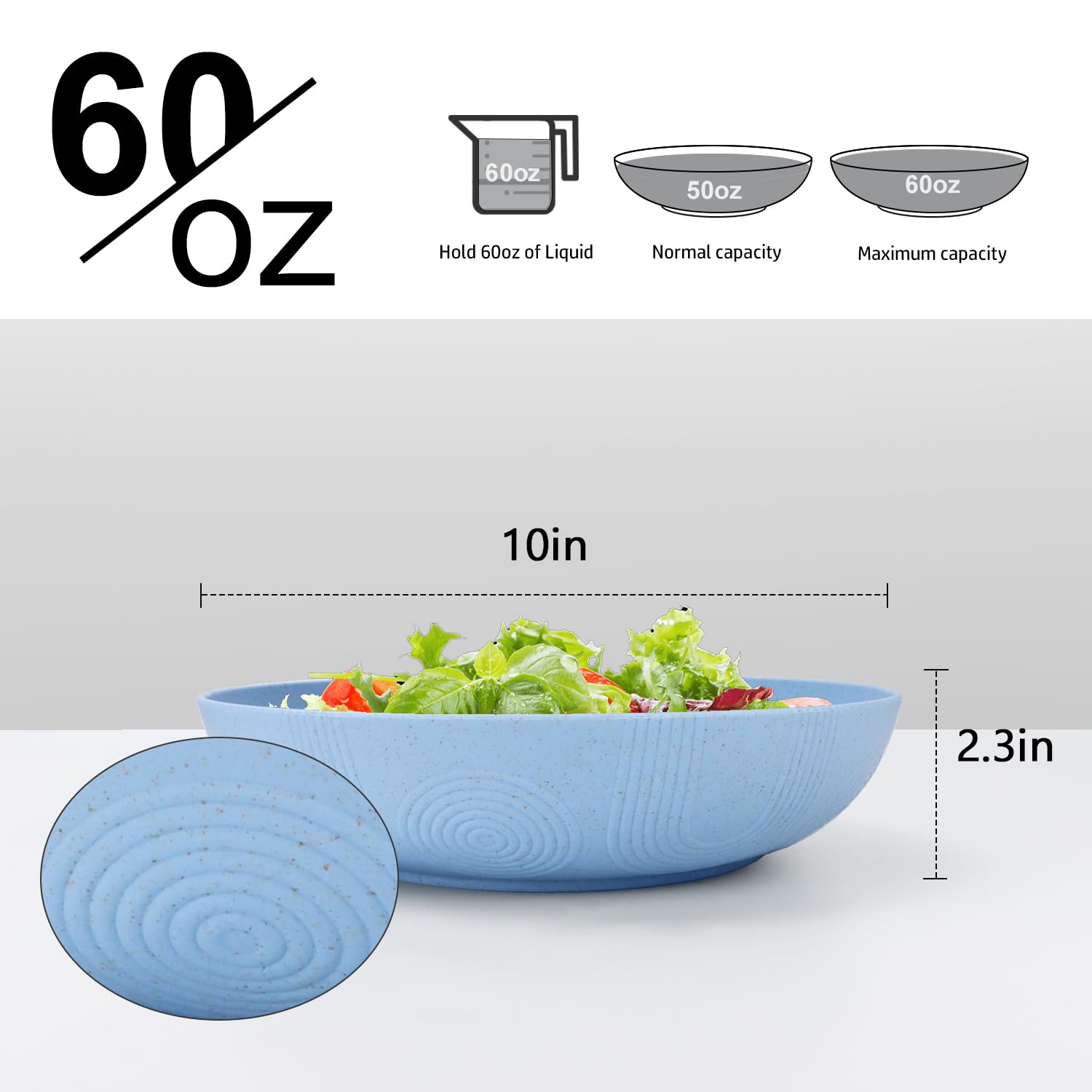 Eco-Friendly Wheat Straw Salad Bowls Set of 6 - 10 Inch Large Serving Bowls (65 oz) | Microwave & Dishwasher Safe Wide Shallow Bowls for Kitchen, Parties & Picnics - Sky Blue