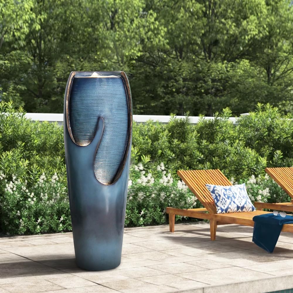 Watnature 38.7 Inch Tall Outdoor Water Fountain with LED Lights & Pump - Modern Indoor/Outdoor Waterfall Feature for Garden, Patio, Home Decor | Perfect for Relaxation, Meditation and Backyard Ambience