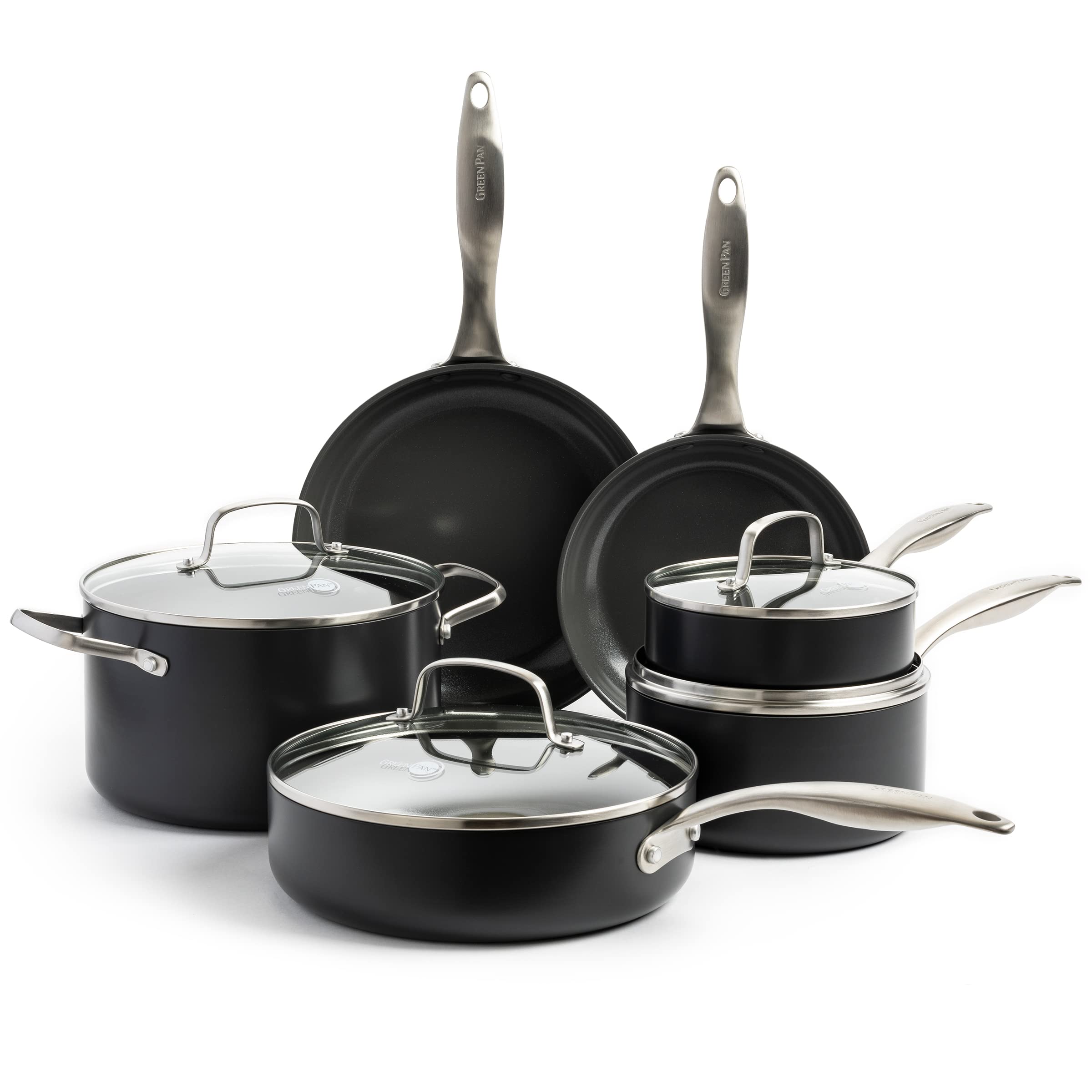 GreenPan Canterbury 10-Piece Nonstick Cookware Set - PFAS-Free Ceramic Coating, Hard Anodized, Oven & Dishwasher Safe, Black - Perfect for Healthy Cooking, Frying, Baking & Everyday Meal Prep