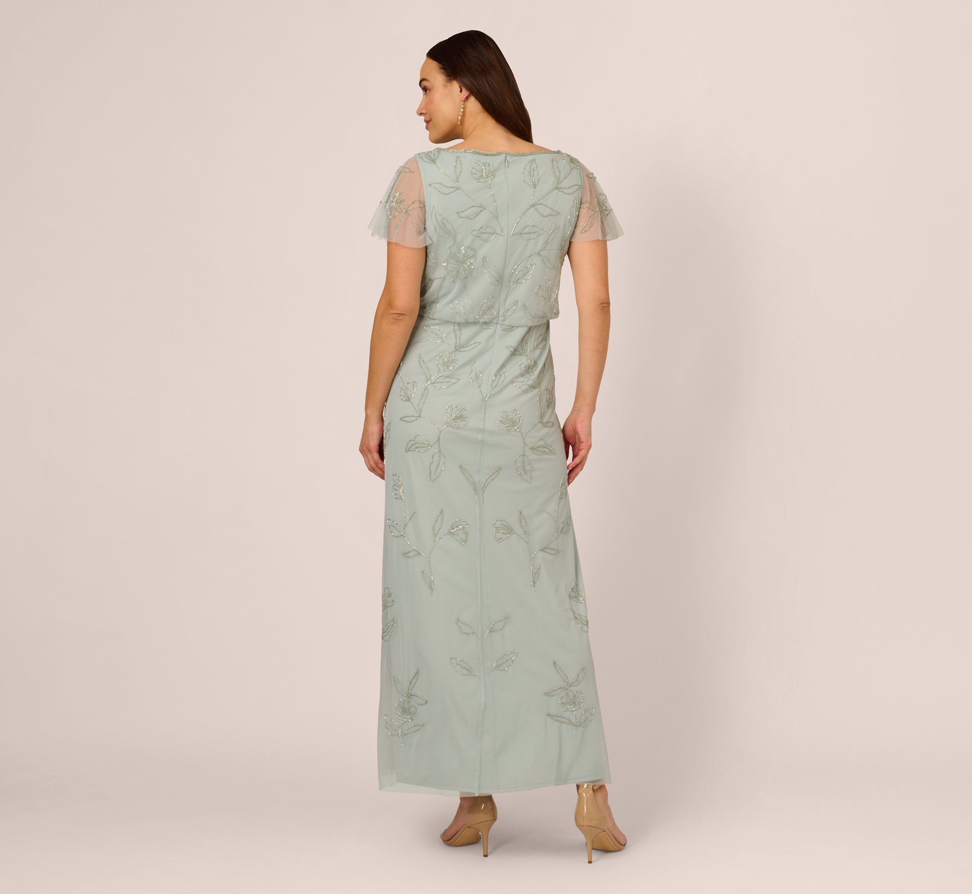 Plus Size Flutter Sleeve Floral Beaded Blouson Gown in Aqua Dust - Elegant Women's Formal Dress for Weddings, Parties & Special Occasions