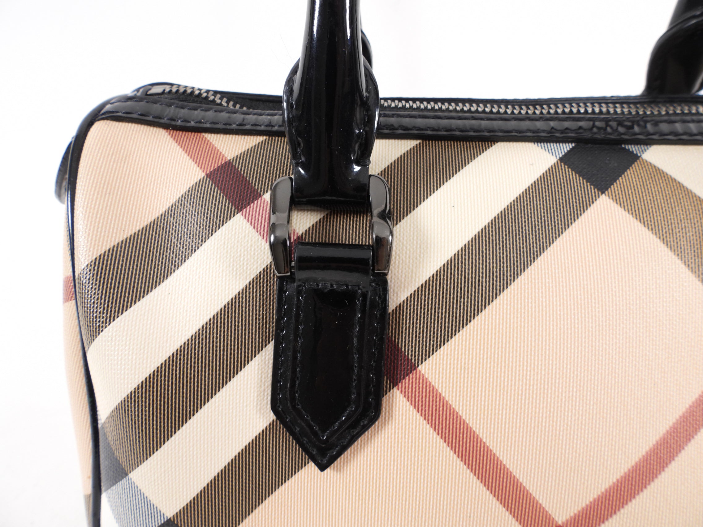 Burberry Nova Check & Patent Leather Small Boston Bag - Luxury Crossbody Handbag for Women, Perfect for Work, Travel & Everyday Use
