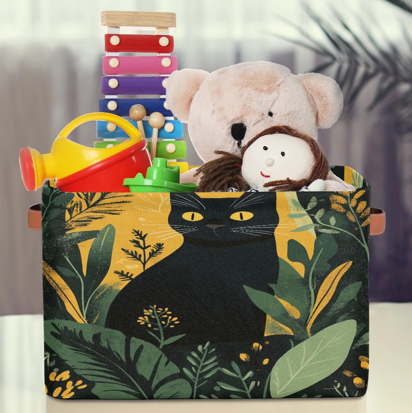 2 Pack Black Cat Storage Baskets with Green Leaves - Collapsible Fabric Closet Organizer Bins for Blankets, Toys & Clothes - Foldable Storage Boxes for Bedroom, Living Room & Nursery Organization