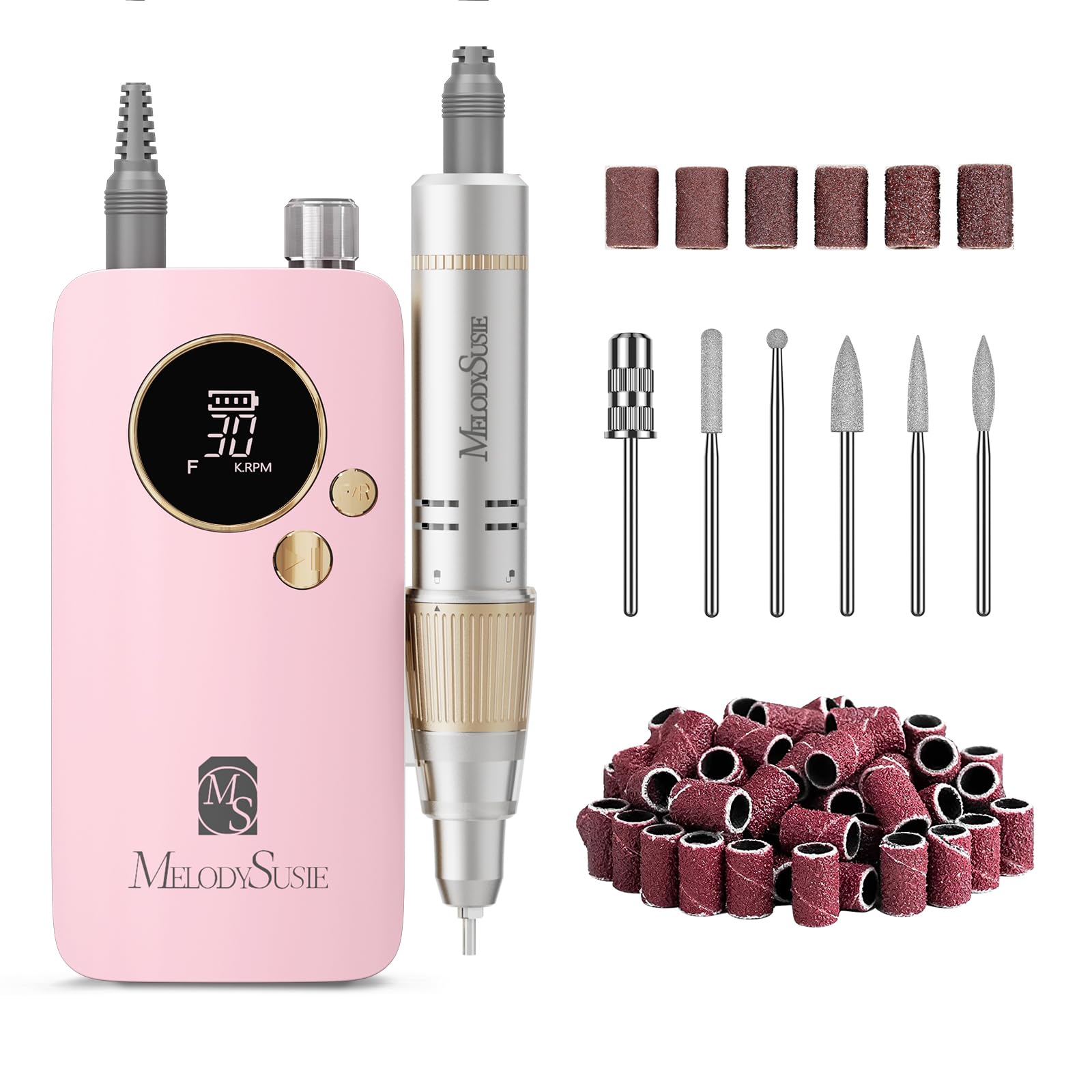 MelodySusie Professional Cordless Electric Nail File Kit - 30000 RPM Rechargeable Nail Drill for Acrylic Nails, Gel Polish Removal & Manicures | Portable Nail E-File for Salon & Home Use | Perfect for DIY Nail Art, Pedicures & Nail Extensions (Pink)