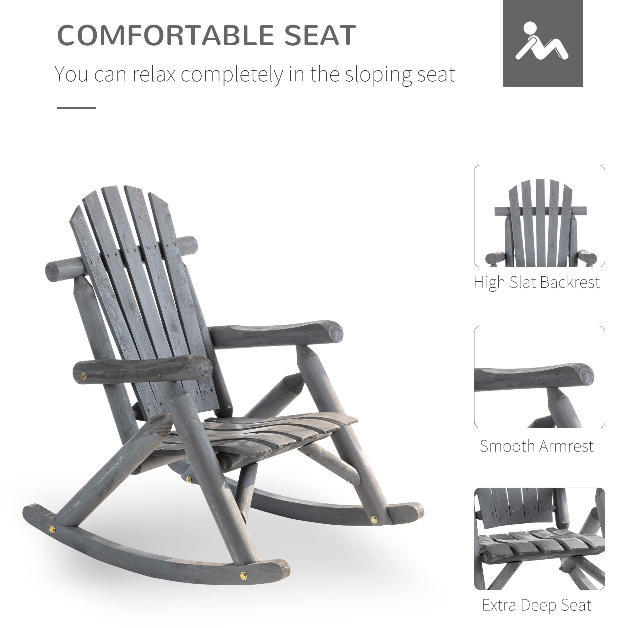 Outsunny Dark Gray Wooden Rocking Chair - Single-Person Adirondack Patio Rocker with Rustic High Back & Slatted Design for Backyard, Garden, Porch - Perfect for Relaxing Outdoors & Indoor Lounging