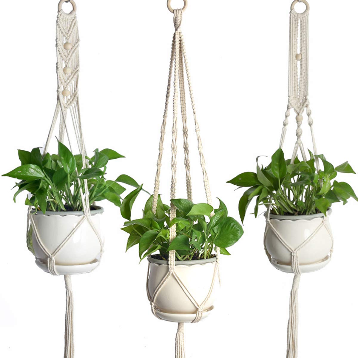 3PCS Macrame Plant Hangers - Woven Cotton Rope Hanging Net Bags for Indoor Plants | Boho Home Decor for Living Room, Bedroom, Office & Garden | Includes 3 Different Sizes (Small, Medium, Large)