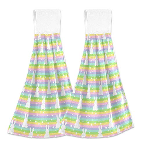 Green Rainbow Rabbits Kitchen Hanging Hand Towels - 2 Pack Cute Bunny Absorbent Cotton Towels with Loops for Kitchen, Bathroom & Home Decor | Perfect for Cooking, Cleaning and Holiday Gifts