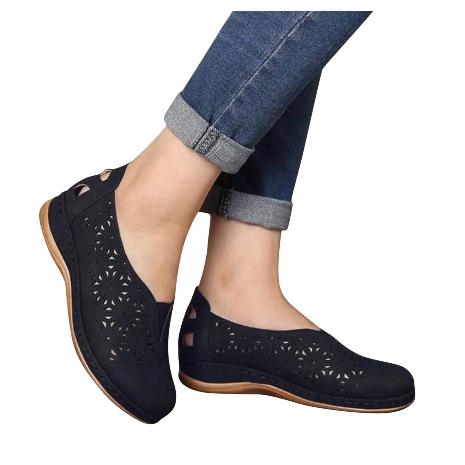 Women's Comfortable Flats Shoes with Arch Support - Breathable Slip-On Casual Shoes for Plantar Fasciitis, Walking & Dressy Occasions | Hollow Out Design & Round Toe for All-Day Wear