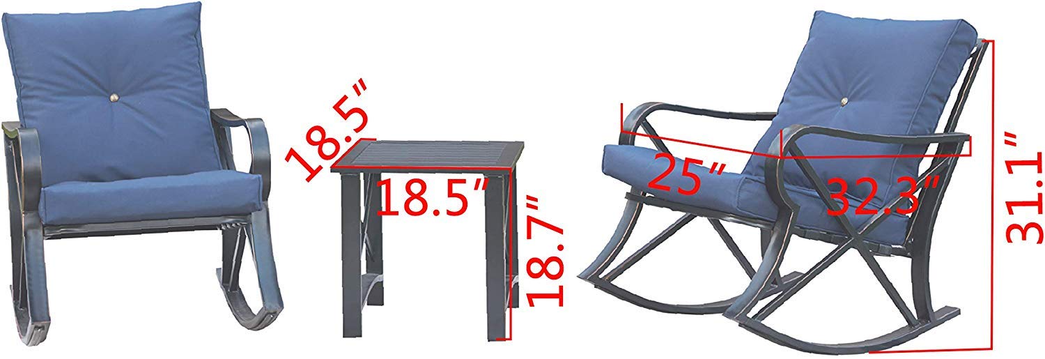**Outdoor Rocking Chair Set with Coffee Table & Cushions - 3-Piece Patio Furniture for Backyard, Porch, Poolside - Durable Metal Bistro Set (Blue) - Perfect for Relaxing, Lounging & Entertaining**