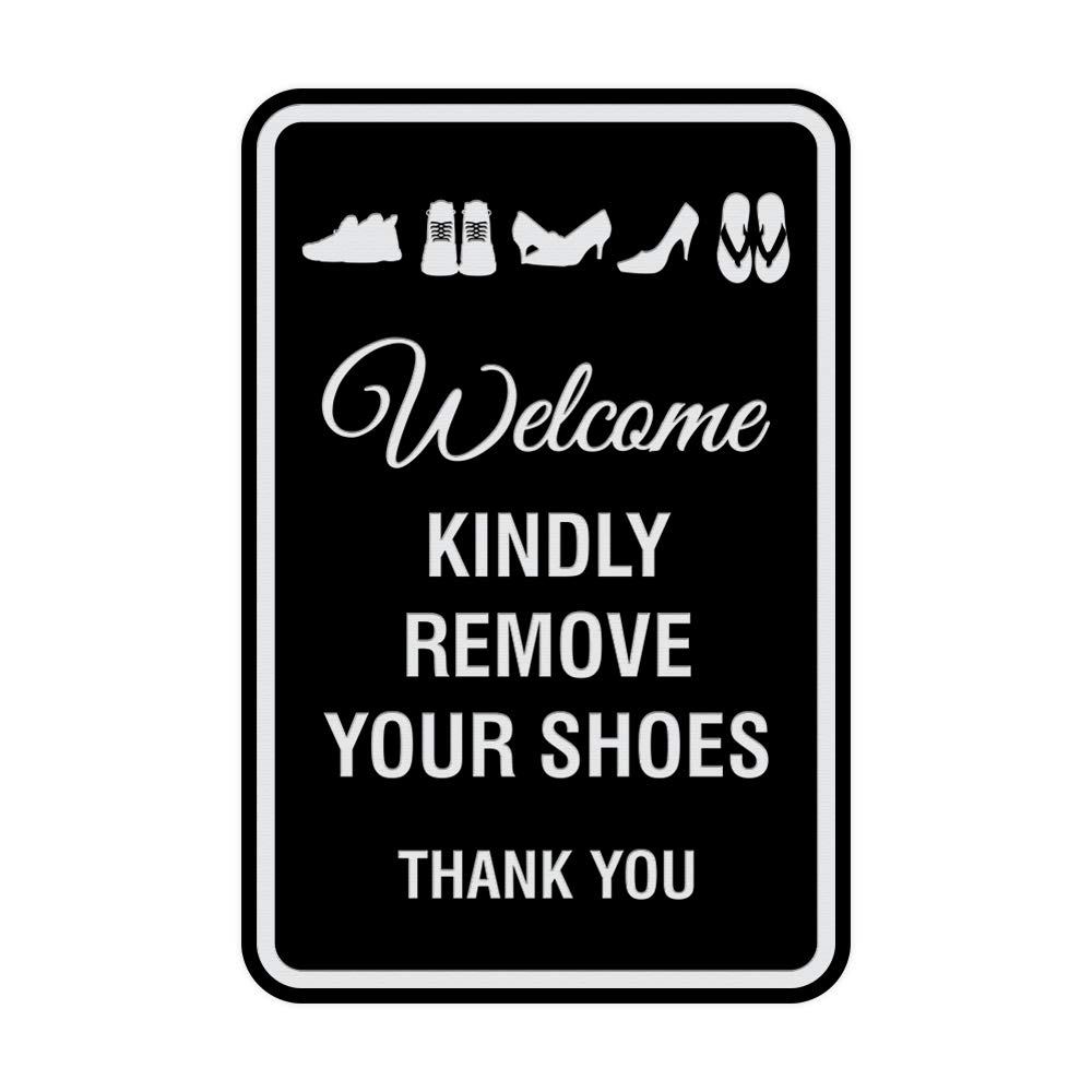 ByLITA Round Welcome Sign - Kindly Remove Your Shoes Thank You Sign with Adhesive Tape for Doors, Walls & Any Surface - Weatherproof Indoor/Outdoor Decor (Black/Silver, Medium) - Perfect for Home Entryway, Office & Porch