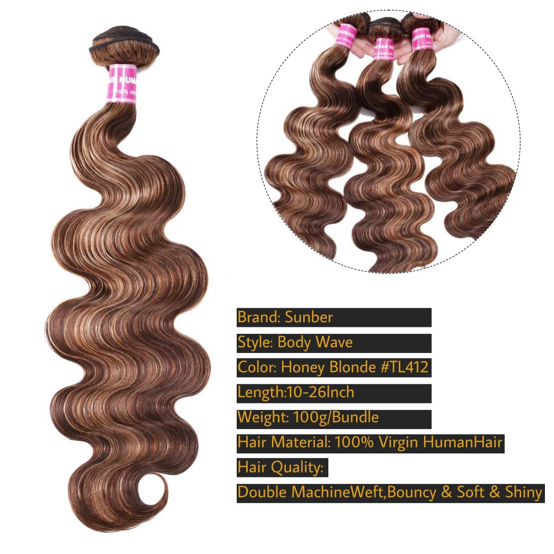 Sunber TL412 Honey Blonde Highlight Body Wave 12A Brazilian Remy Human Hair Weave Bundles (10