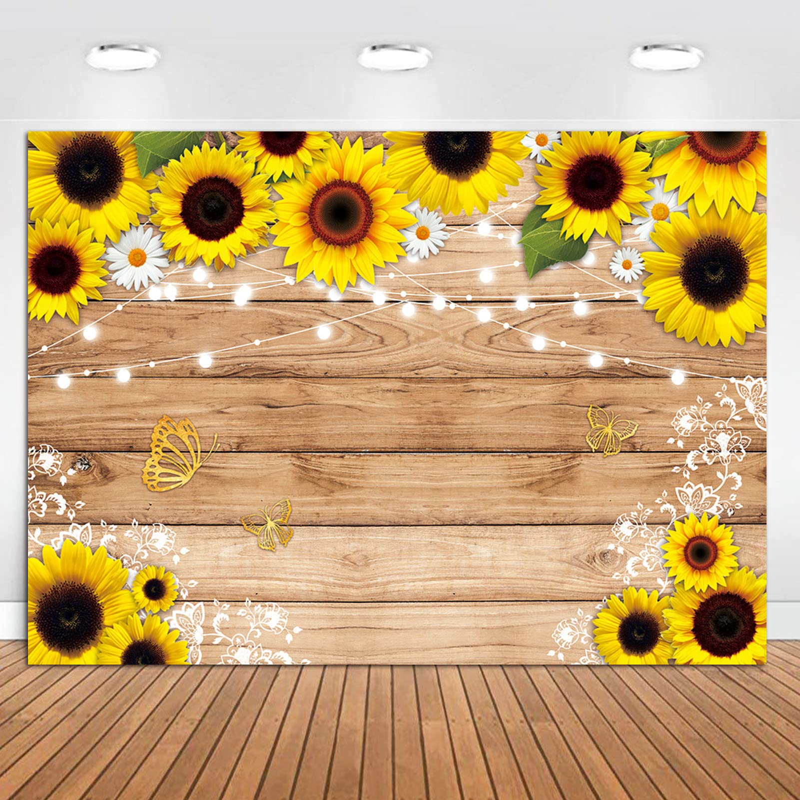7x5ft Sunflower Wooden Photography Backdrop - Rustic Wood Board with Butterfly Design for Birthday, Newborn Baby Shower, Wedding & Bridal Shower Party Decor | Perfect for Indoor/Outdoor Photoshoots, Social Media Content & Event Backgrounds