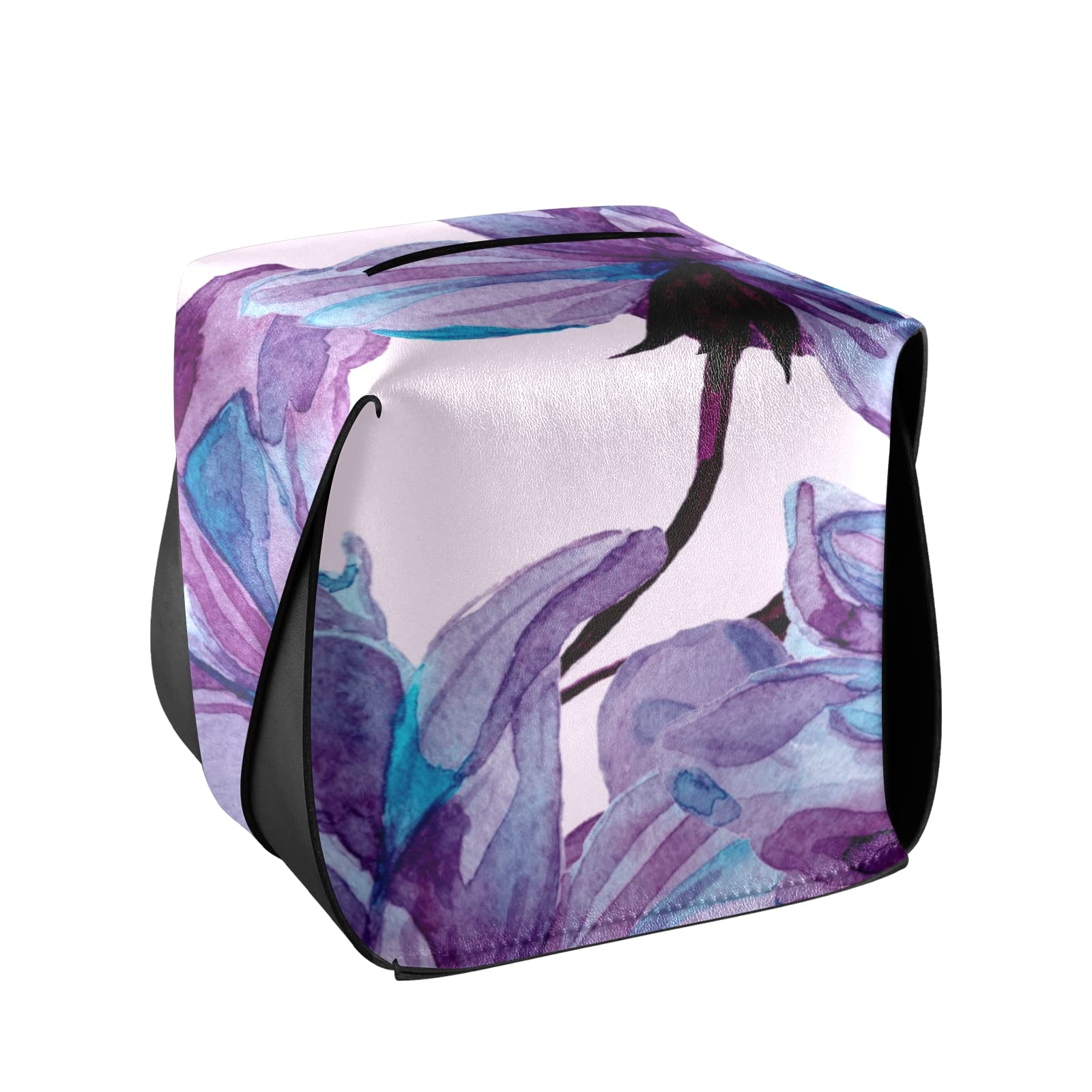 Purple Floral Leather Tissue Box Cover with Handle - 5.7x5.7x5.7 Inch Square Watercolor Rose Pattern for Bathroom, Nightstand, Vanity, Office Desk & Car Decor