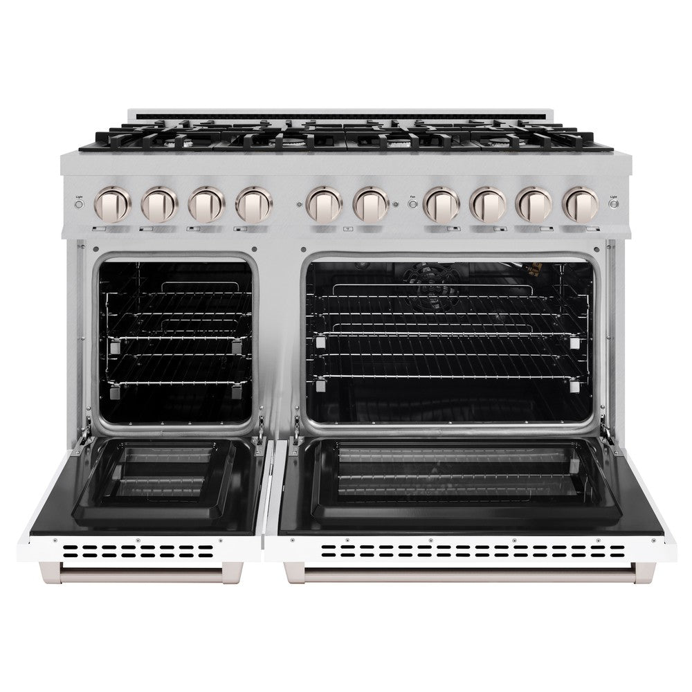 ZLINE 48-Inch 6.7 cu. ft. Select Double Oven Gas Range with 8-Burner Cooktop in Satin Stainless Steel & White Matte Doors (HGRS WM 48) - Perfect for Large Family Kitchens, Holiday Cooking & Professional-Style Meal Prep