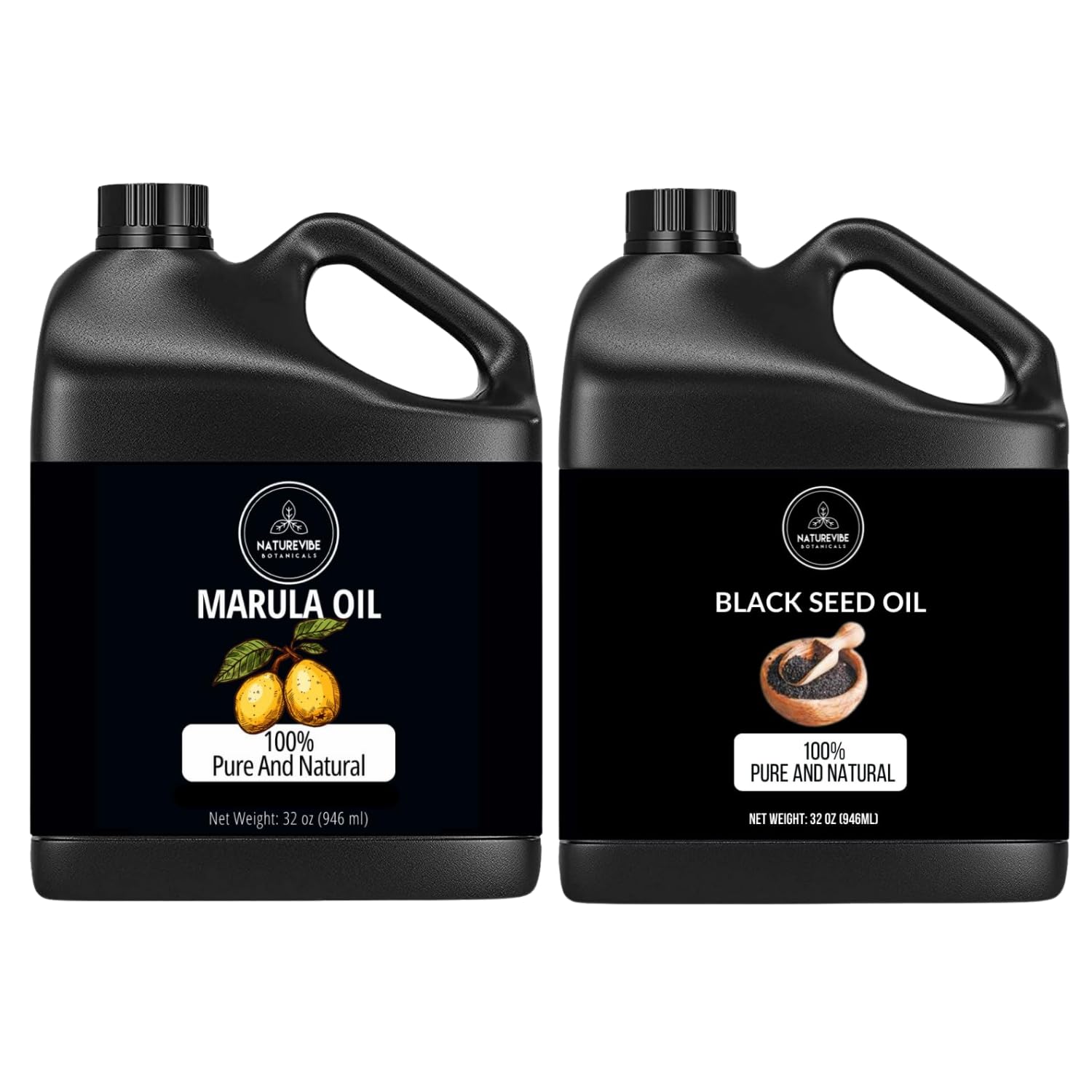 Naturevibe Botanicals Organic Marula Oil & Black Seed Oil Combo - 32oz Each | Cold-Pressed, Unrefined for Hair, Skin & Face Care | Perfect for DIY Beauty, Massage & Aromatherapy
