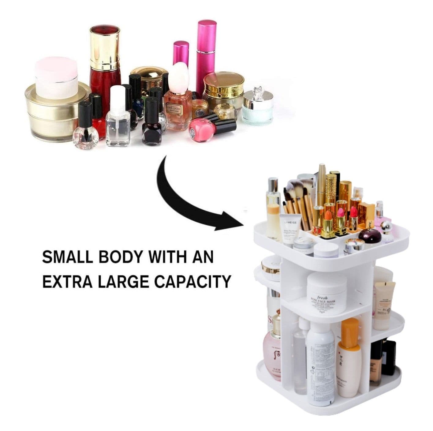 360° Rotating Large Capacity Makeup Organizer with Mirror - Cosmetic Storage for Bedroom, Bathroom & Vanity | Perfect for Organizing Lipsticks, Brushes & Skincare Products (White)