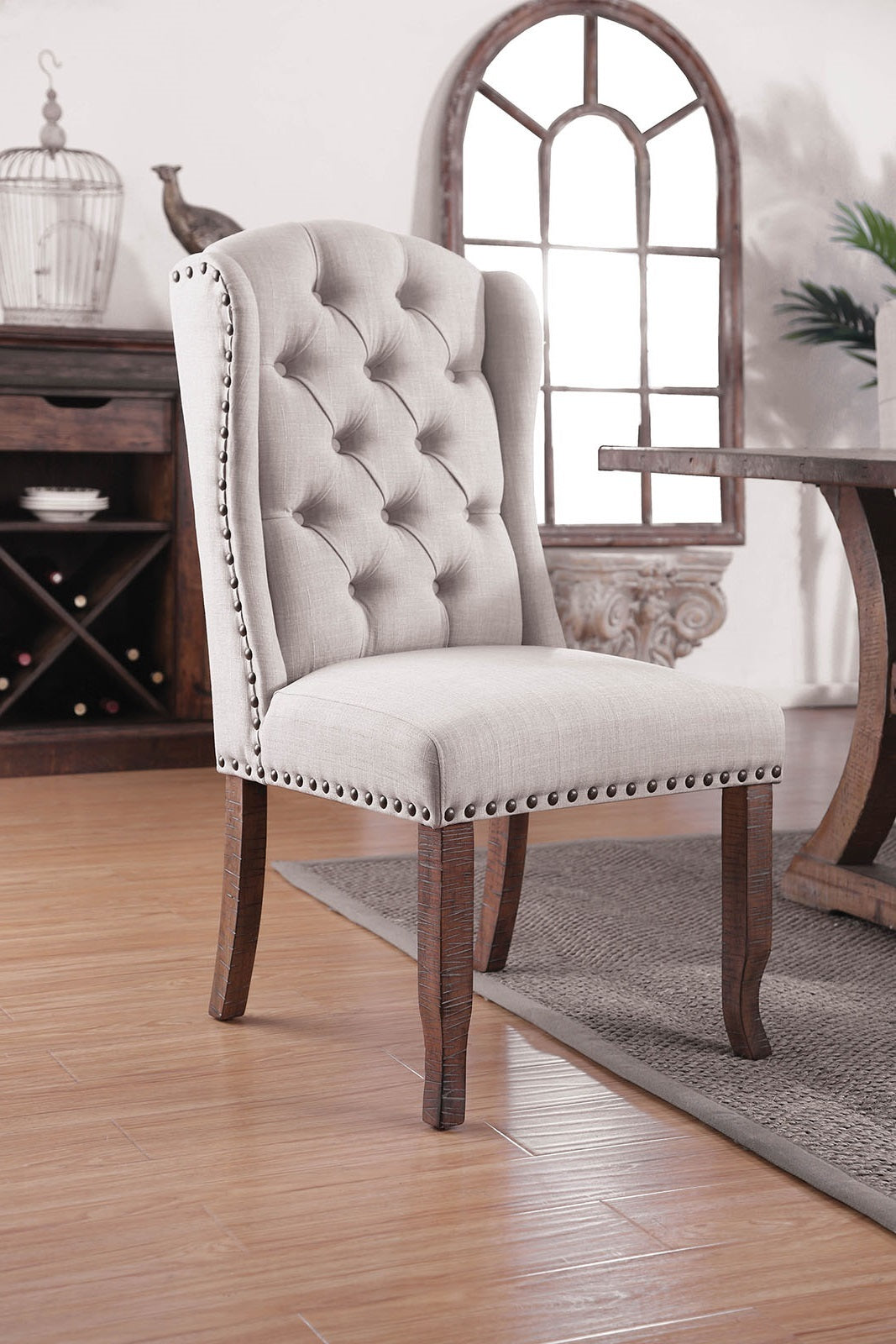 Contemporary Ivory Fabric 2-Piece Tufted Wingback Dining Chairs with Rustic Solid Oak Wood Back - Perfect for Farmhouse Dining Room, Kitchen Nook & Breakfast Nook Decor