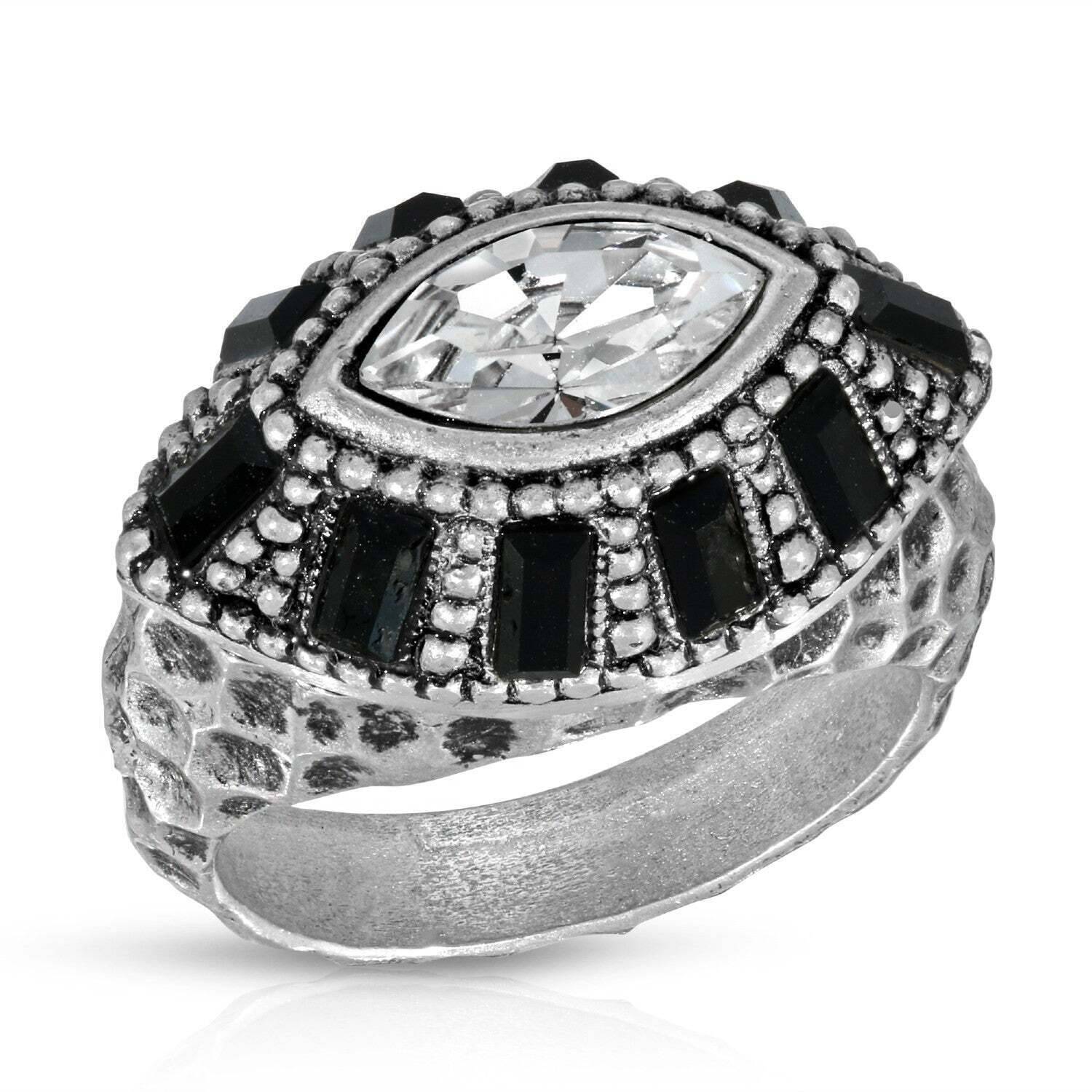 Honora Hammered Black & Clear Crystal Ring - Vintage 1928 Jewelry for Women - Perfect for Evening Parties, Weddings & Special Occasions