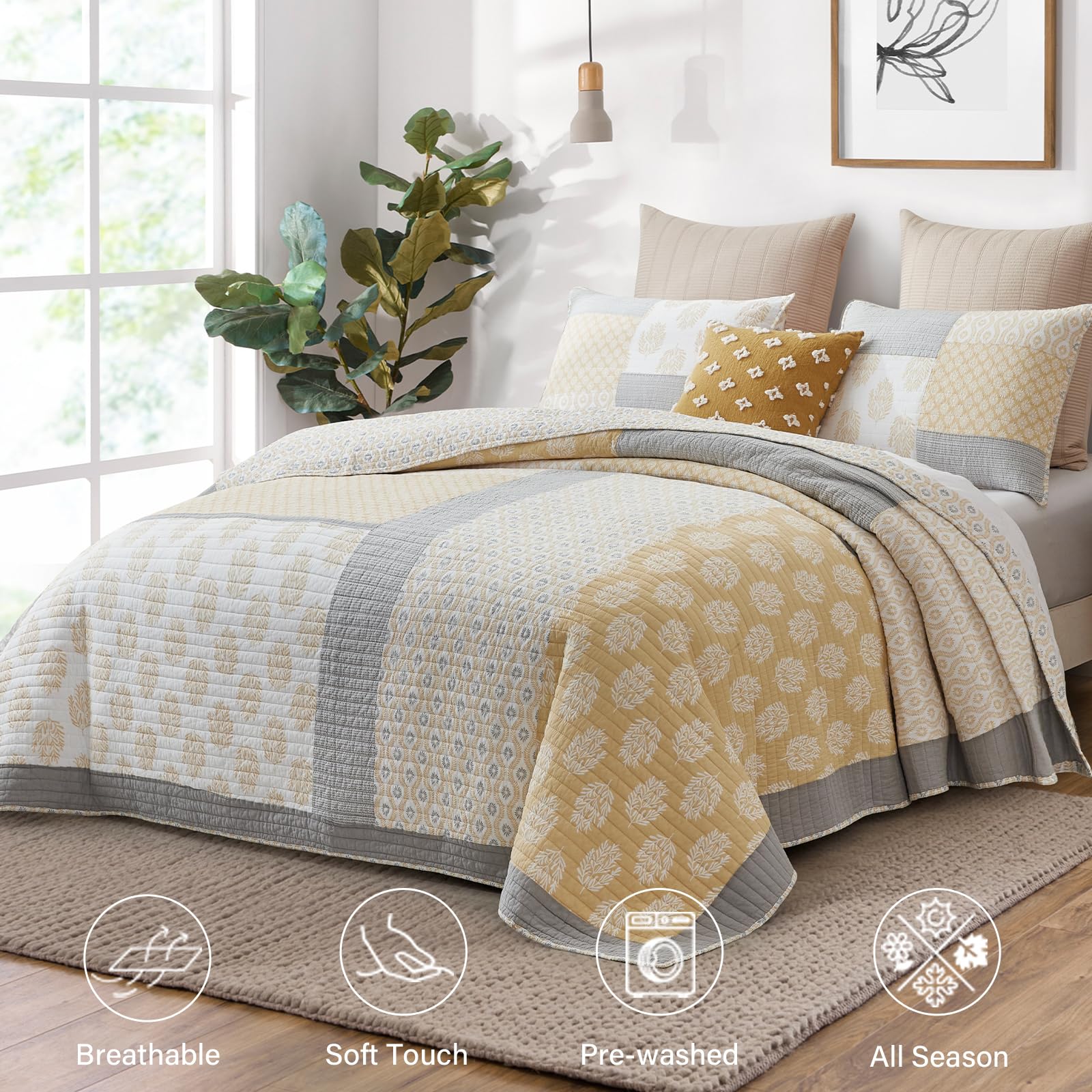 Finlonte Twin Quilt Set - 100% Cotton Reversible Farmhouse Bedspread in Yellow & Grey | Lightweight Patchwork Comforter for Twin Beds (2-Piece Set) | Perfect for Guest Rooms, Dormitories & Cozy Farmhouse Bedrooms