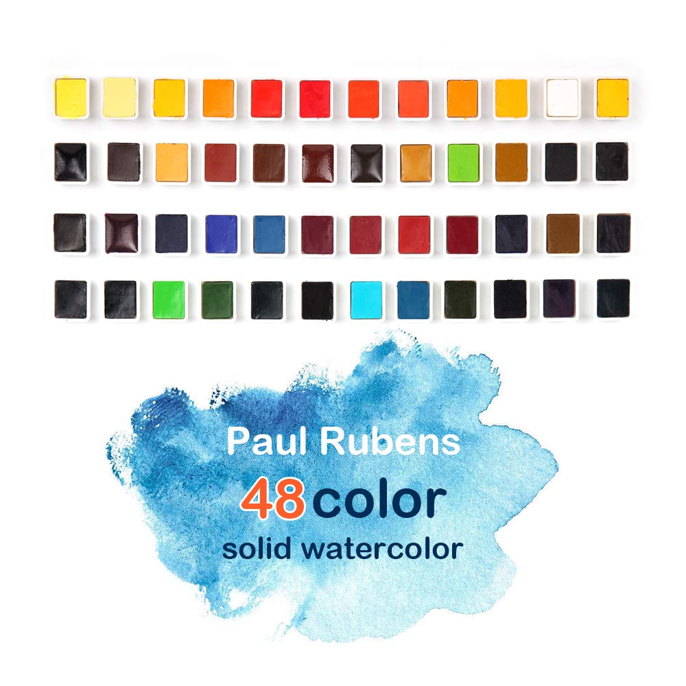 Paul Rubens Professional Watercolor Paint Set - 48 Vibrant Artist Grade Colors, Solid Cakes with Palette & 100% Cotton Hot Press Watercolor Journal - Perfect for Painting, Sketching, and Art Projects