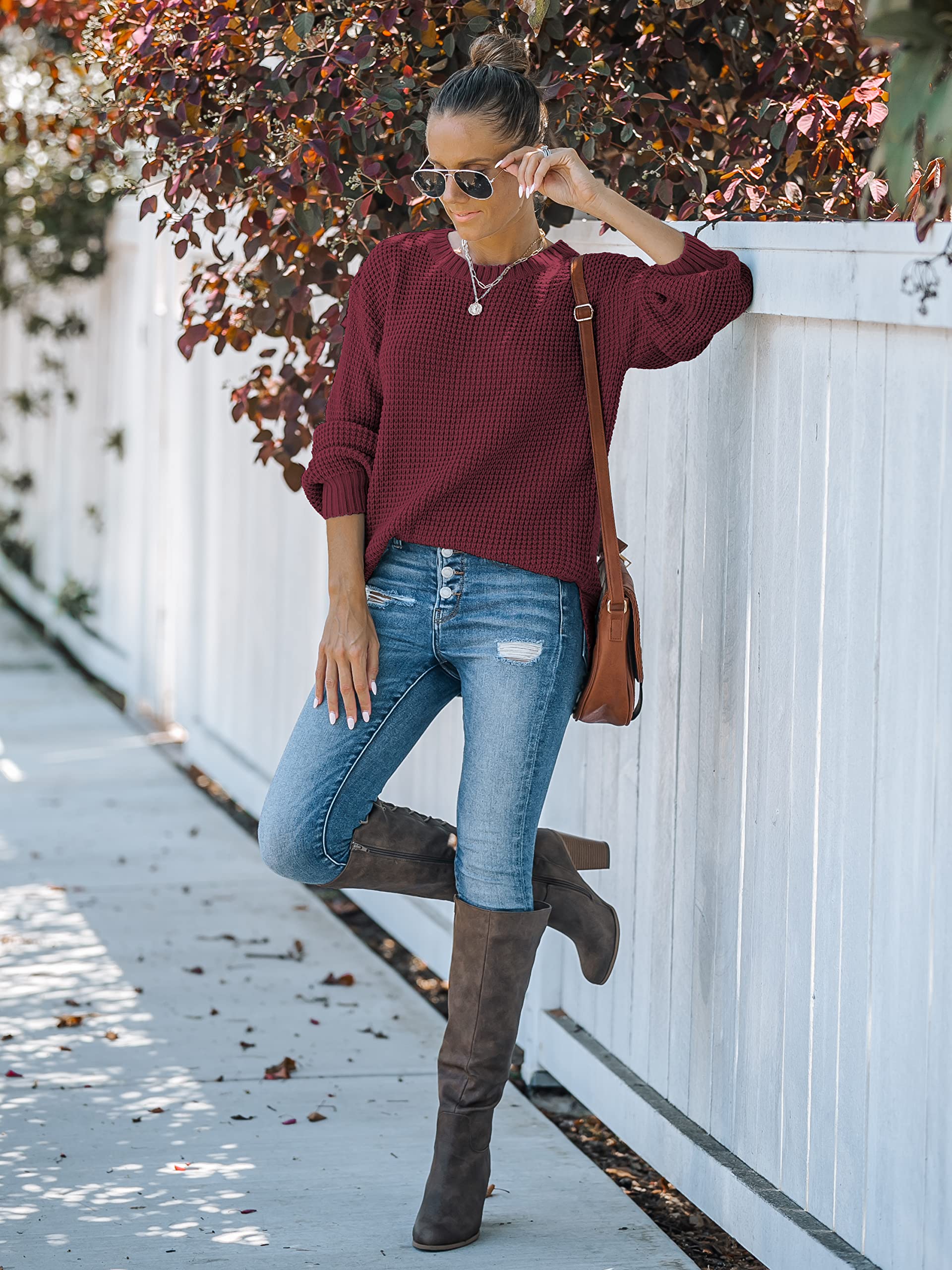 MEROKEETY Women's 2024 Fall Waffle Knit Sweater - Long Balloon Sleeve Loose Pullover Jumper - Cozy Casual Knitwear for Autumn Outfits & Layering