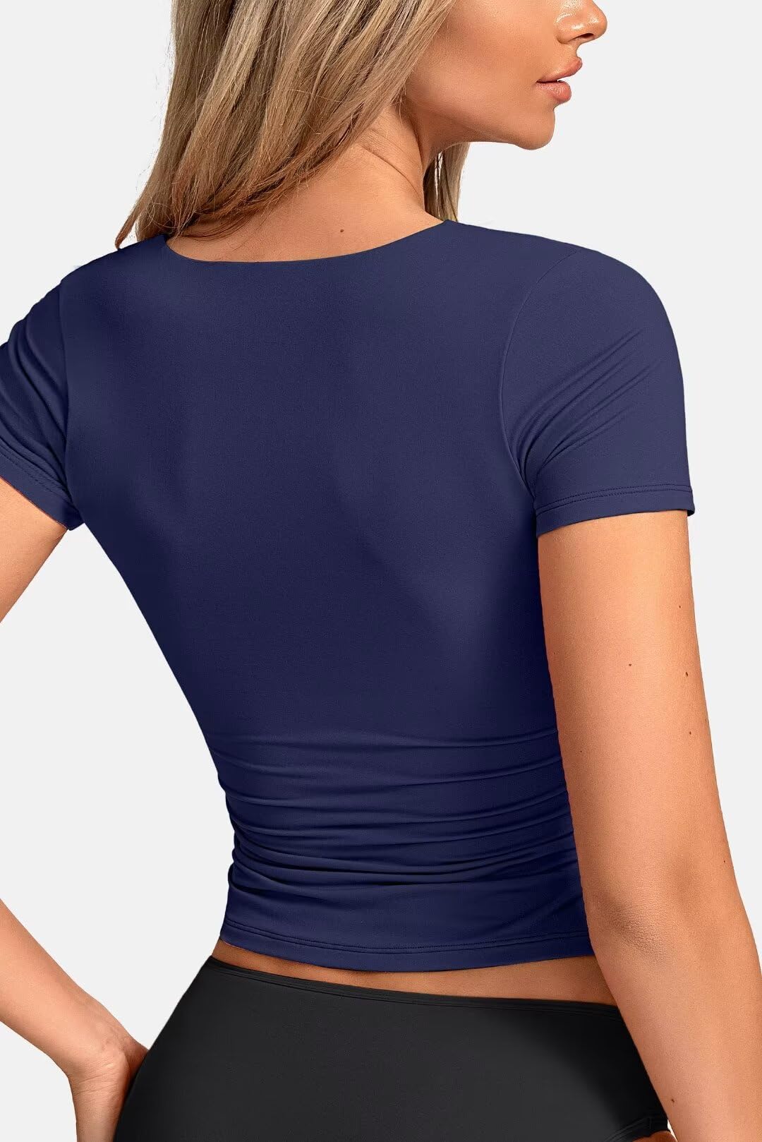 Vertvie Women's Sexy V Neck Double Lined Tops - Short Sleeve Slim Fitted T-Shirts for Women | Y2K Tight Basic Tees | Going Out Crop Tops for Clubbing, Dates & Summer Outfits