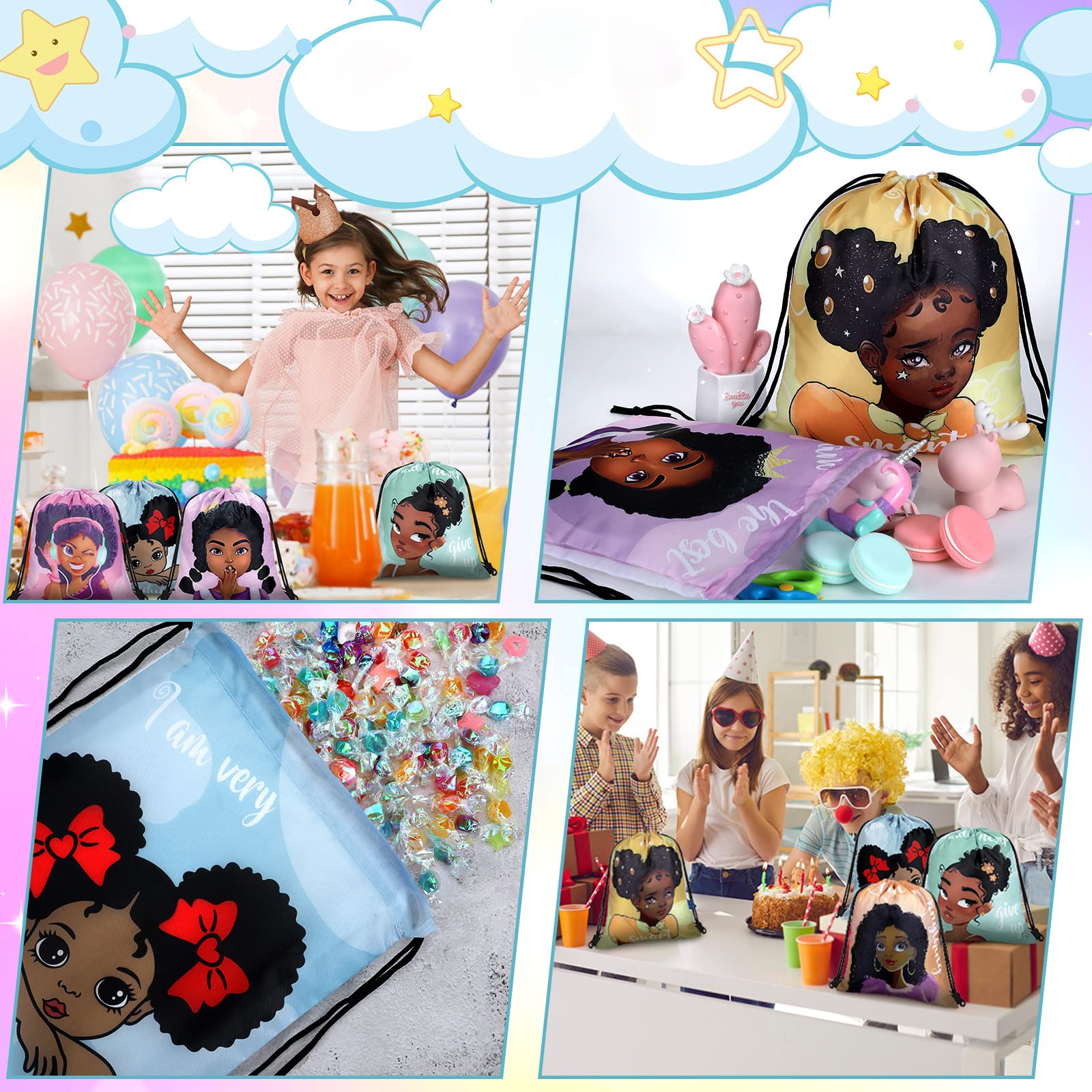 18-Piece Black Girl Kids Party Favor Drawstring Bags - African American Themed Backpacks for Birthday Gifts, School Supplies & Party Favors - Perfect for Birthday Parties, Classroom Rewards & Special Events