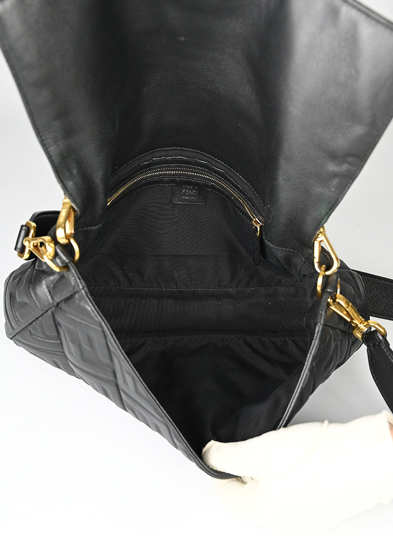 Fendi Black Leather Maxi Baguette Shoulder Bag with FF Logo - Perfect for Work, Travel & Evening Events