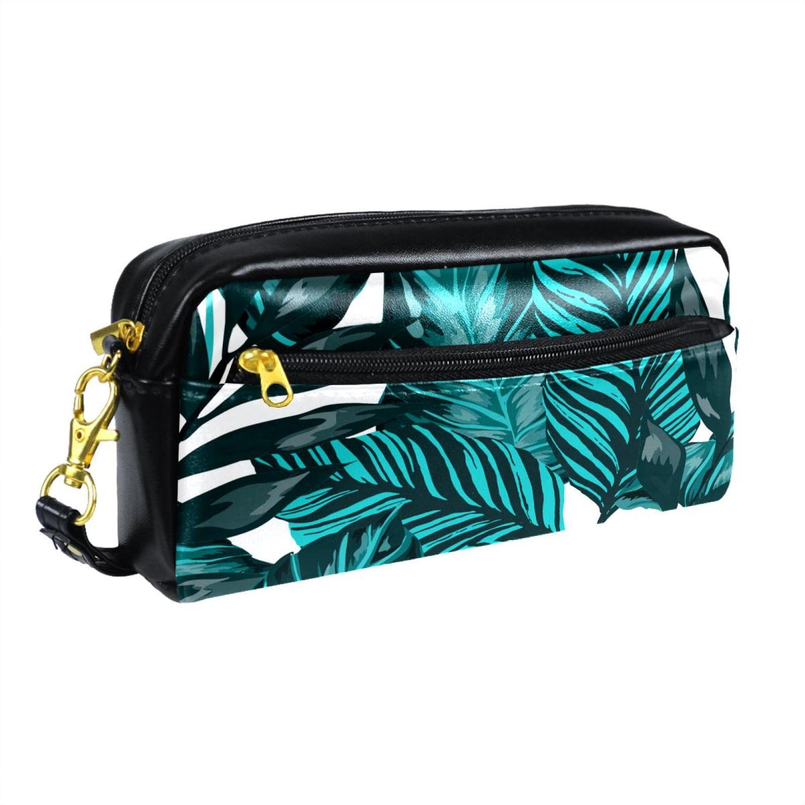 Waterproof Pencil Case for School & Office - Portable Pen Pouch Organizer with Tropical Leaf Design - Perfect for Students, Artists & Travel (Blue/Green)