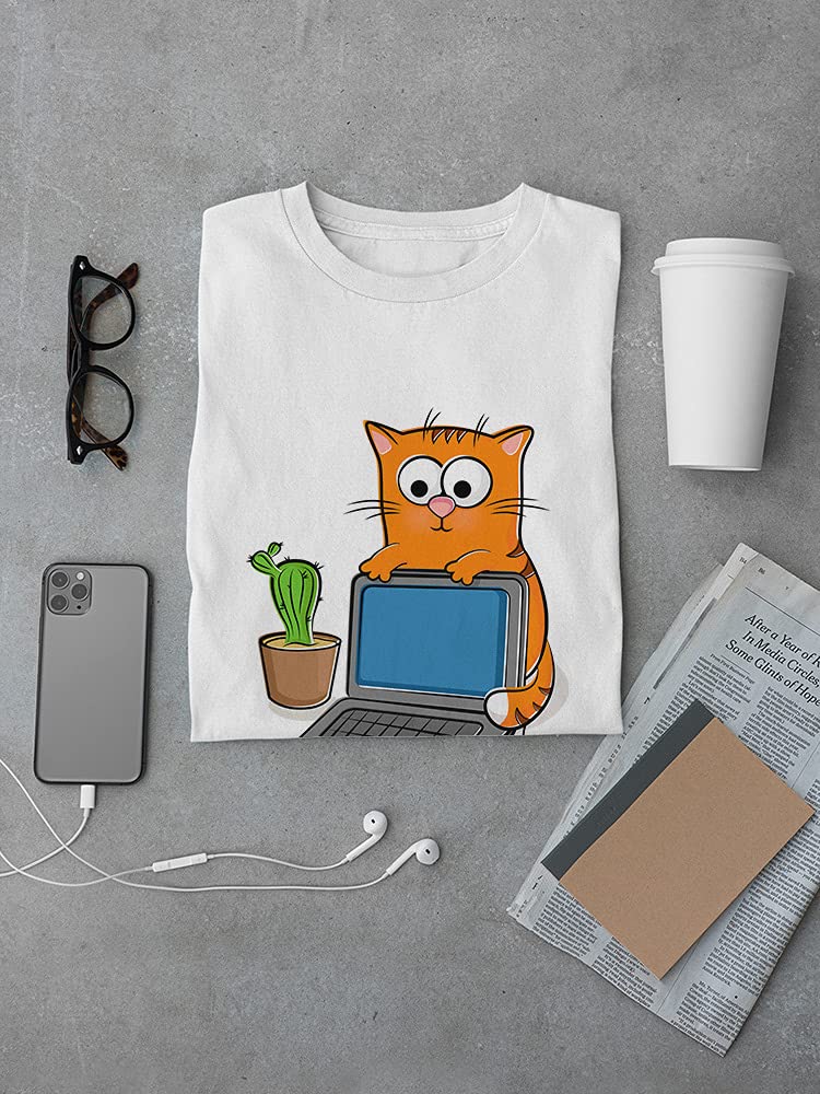 Stylish Red Cat and Laptop Graphic T-Shirt for Men - Casual Wear & Gamer Outfit