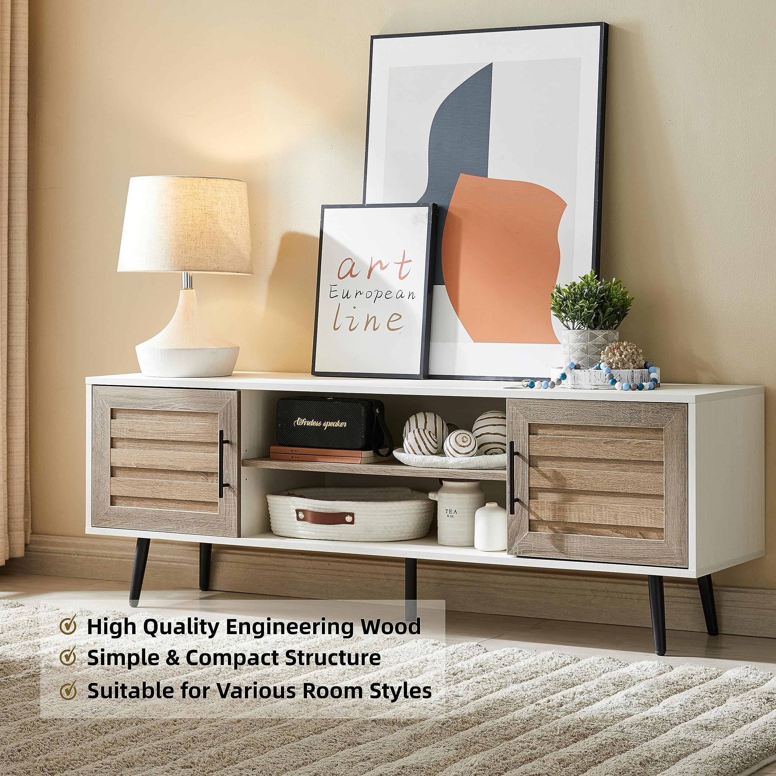 Mid Century Modern TV Stand for 65 Inch TVs - Wood Entertainment Center with Storage Cabinet & Open Shelves - White Walnut TV Console Table for Living Room, Bedroom & Home Theater