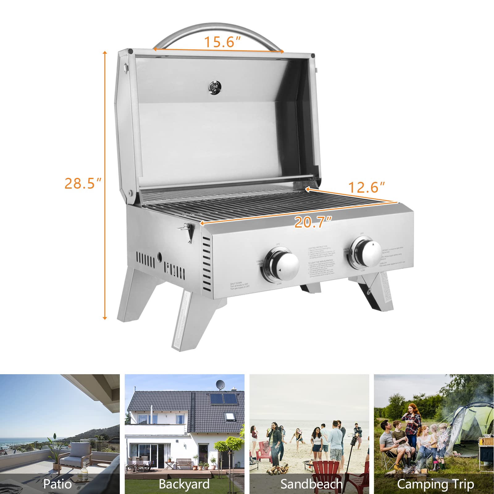 ROVSUN 20,000 BTU Portable Gas Grill - Large 2 Burner Tabletop Propane Grill with Foldable Legs, Regulator & Full Stainless Steel - Perfect for Outdoor Picnics, Camping, Tailgating, Backyard BBQ, Patio Parties and Garden Gatherings
