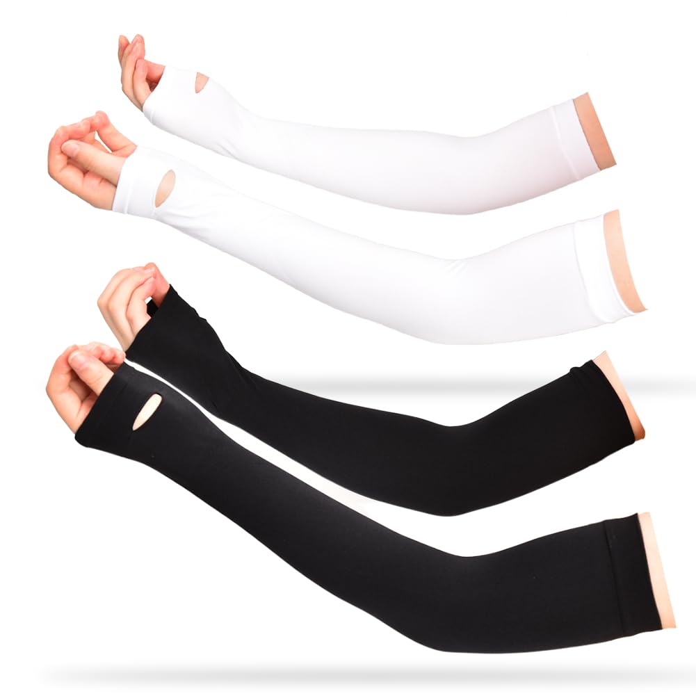 UV Protection Arm Sleeves for Women & Men - Cooling Compression Sun Sleeves (2 Pairs, White & Black) - Perfect for Running, Cycling, Golf & Outdoor Sports