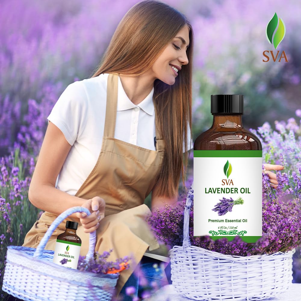 **SVA 100% Pure Lavender Essential Oil – 4 Fl Oz (120ml) – Natural Aromatherapy Oil for Diffusers, Hair & Skin Care, Massage, Soap & Candle Making – Includes Dropper – Perfect for Relaxation, Stress Relief & Home Spa**