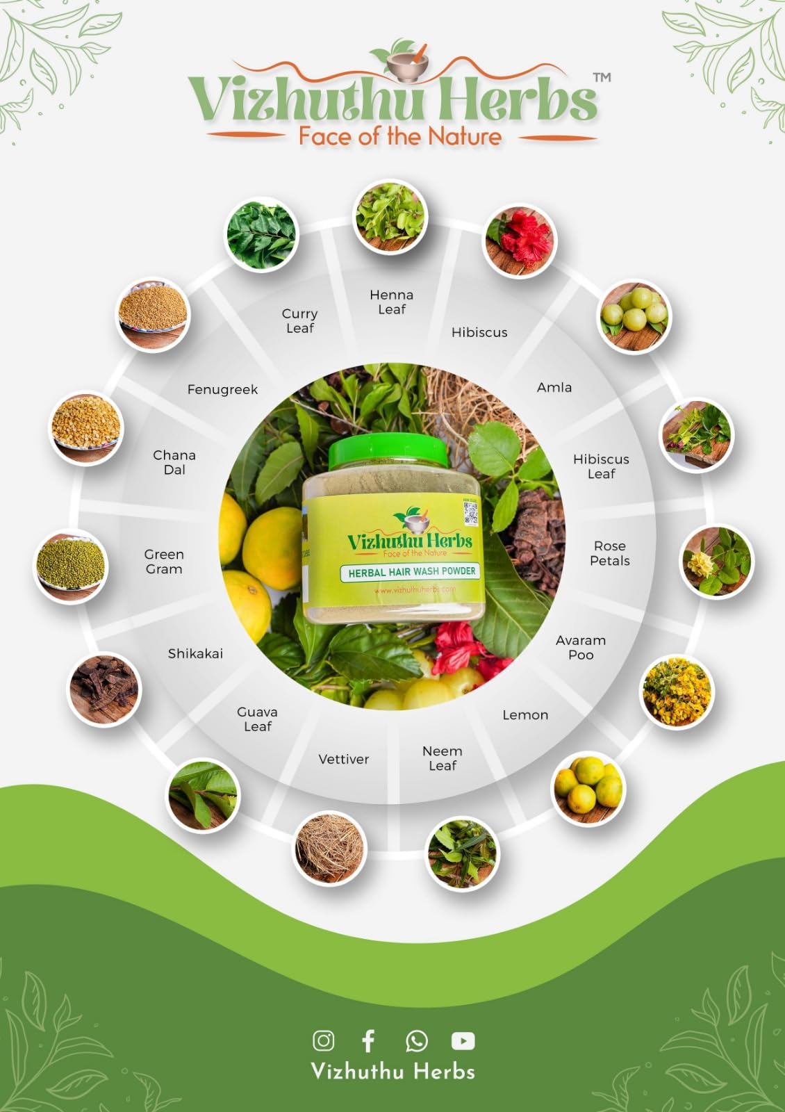 Vizhuthu Herbs Pure Natural Herbal Hair Wash Powder (50g) | Chemical-Free Ayurvedic Shampoo | Sulfate & Paraben Free | For Dry, Damaged Hair & Scalp Care | Perfect for Daily Hair Cleansing & Natural Hair Growth